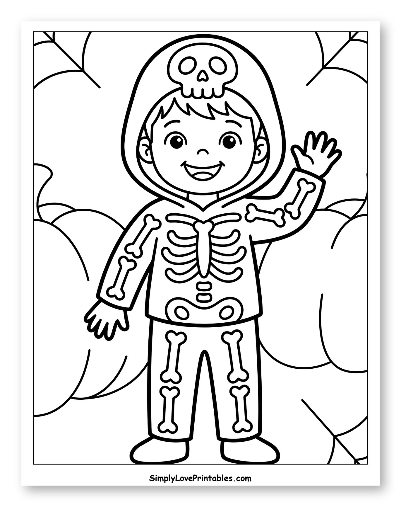 Smiling Child in Skeleton Costume Coloring Sheet for Toddlers