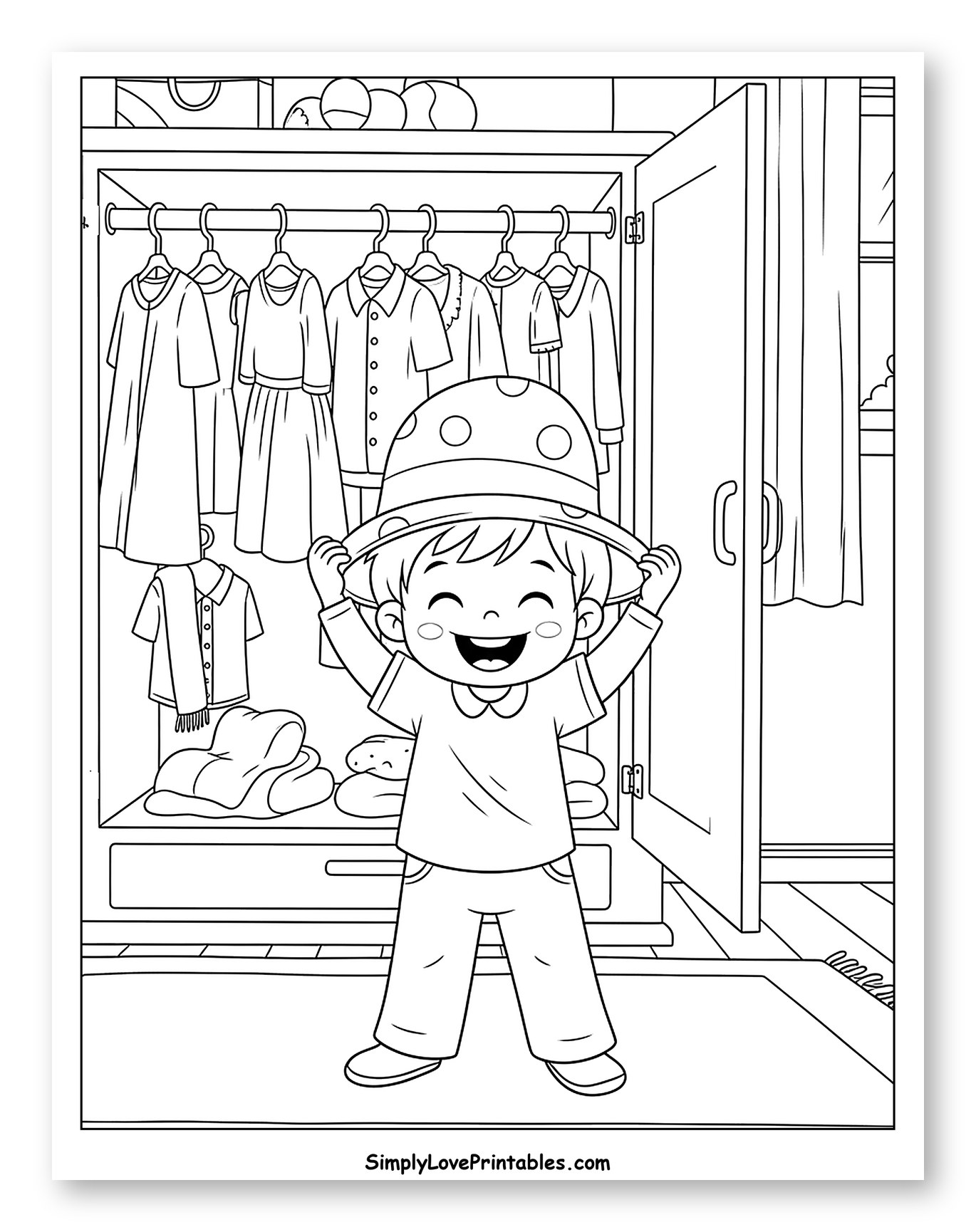 Smiling Child Wearing Hat Next to Wardrobe