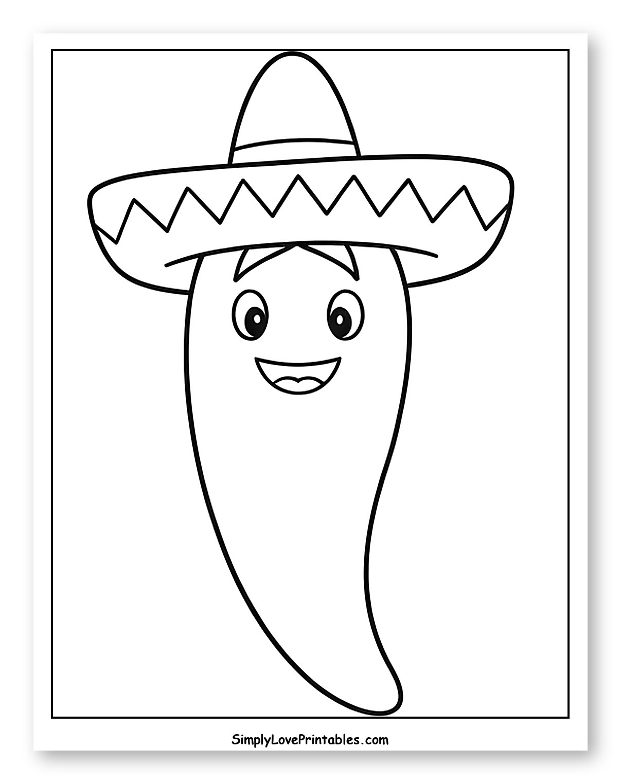 Smiling Chili Pepper in a Sombrero Coloring Page for Toddlers