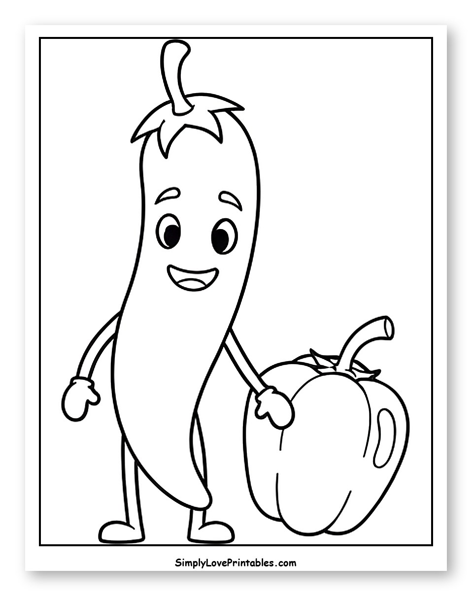 Smiling Chili Pepper with Bell Pepper Friend Coloring Sheet for Toddlers