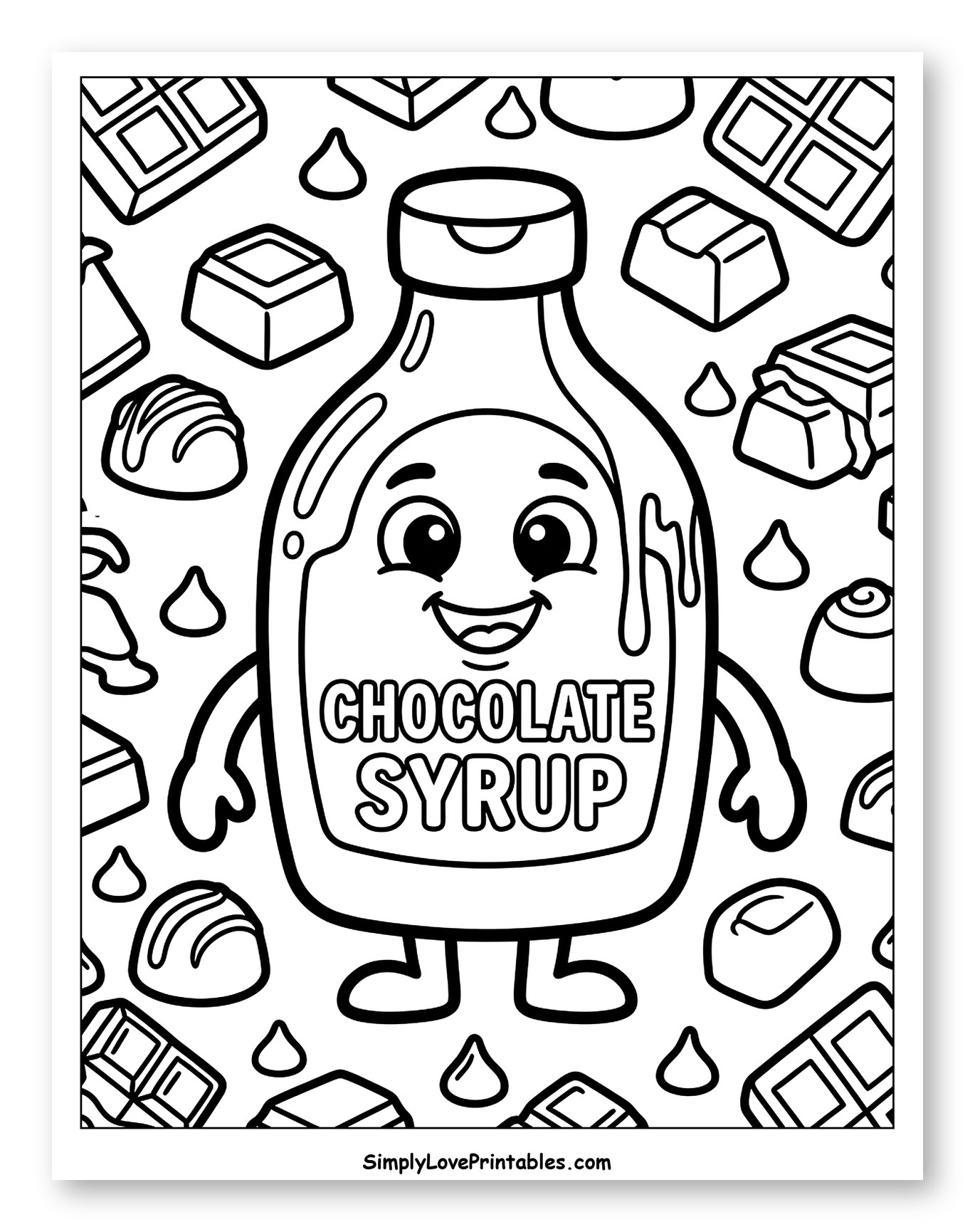 Smiling Chocolate Syrup Surrounded by Chocolates Coloring Page for Toddlers