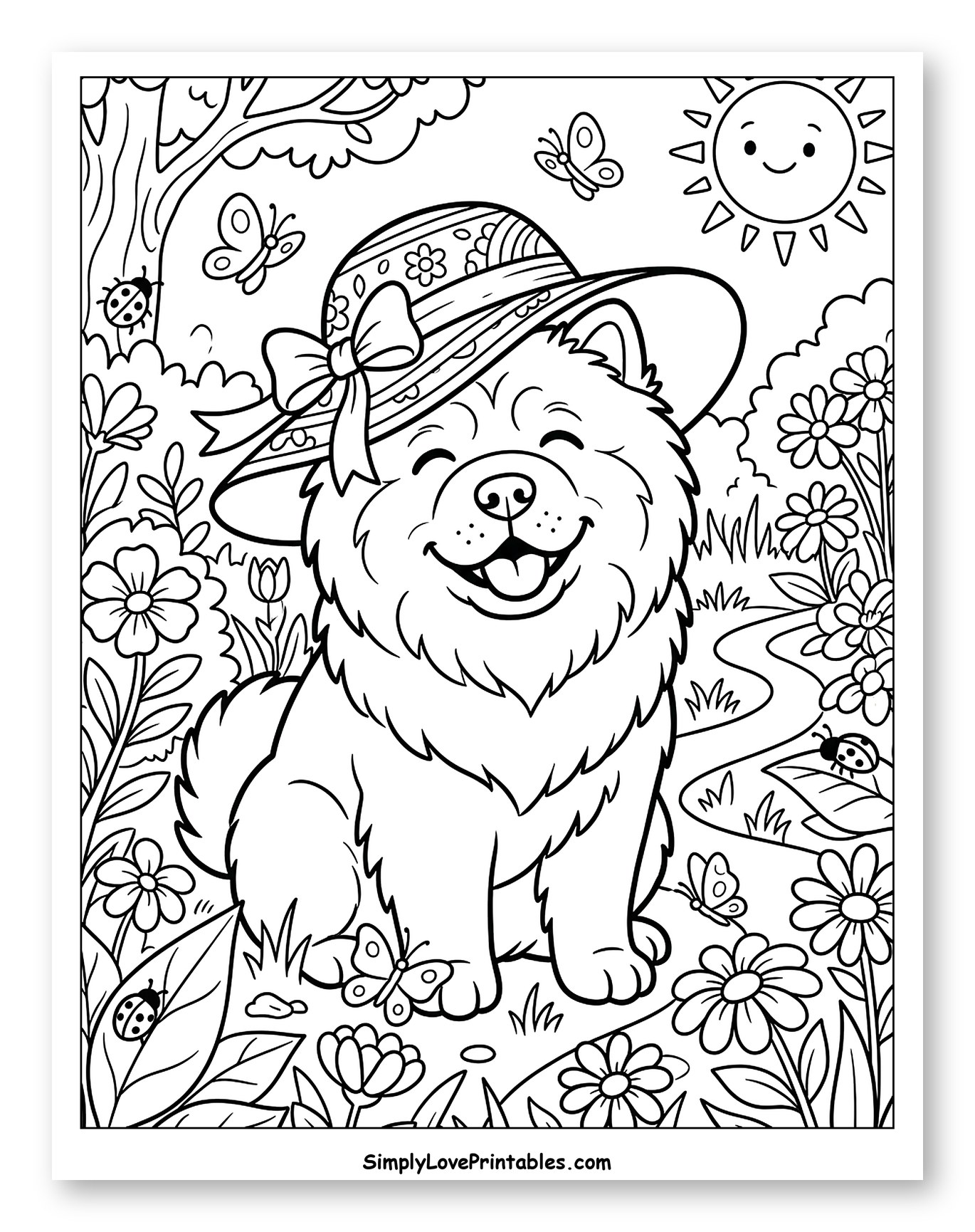 Smiling Chow Chow with Hat and Butterflies