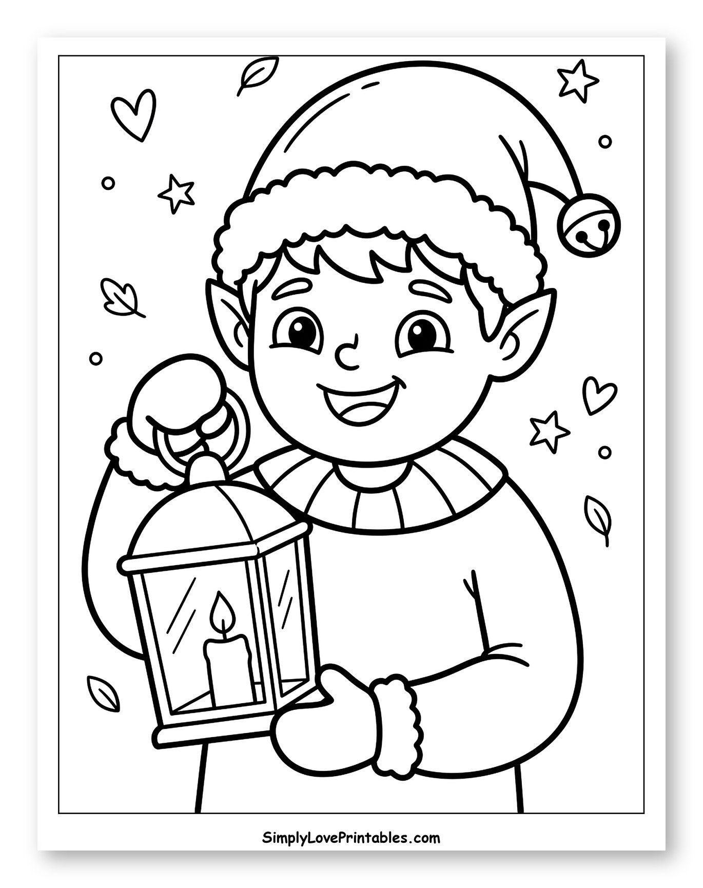 Smiling Christmas Elf Holding a Glowing Lantern to Color for Adults