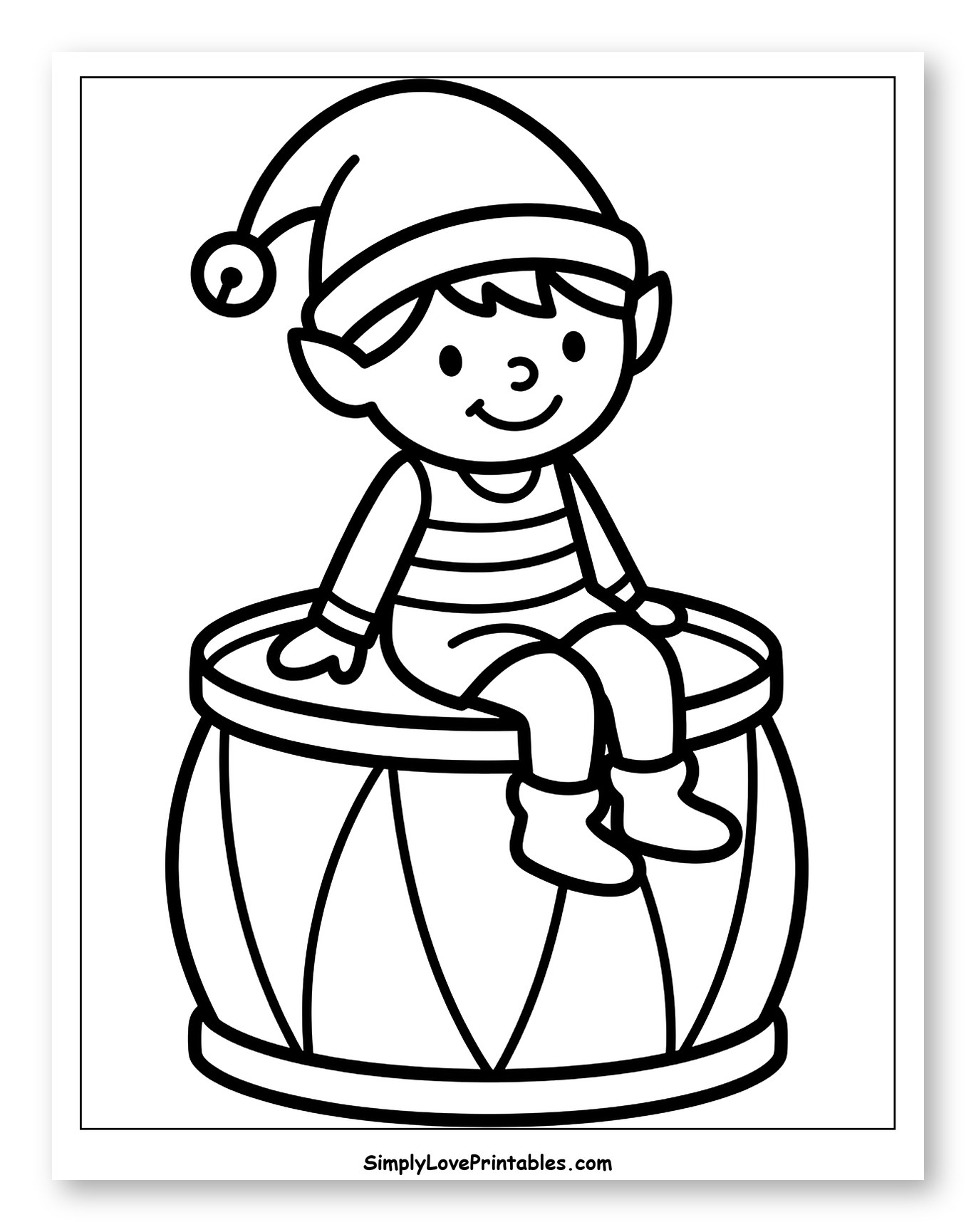Smiling Christmas Elf Sitting on a Toy Drum Coloring Sheet for Toddlers