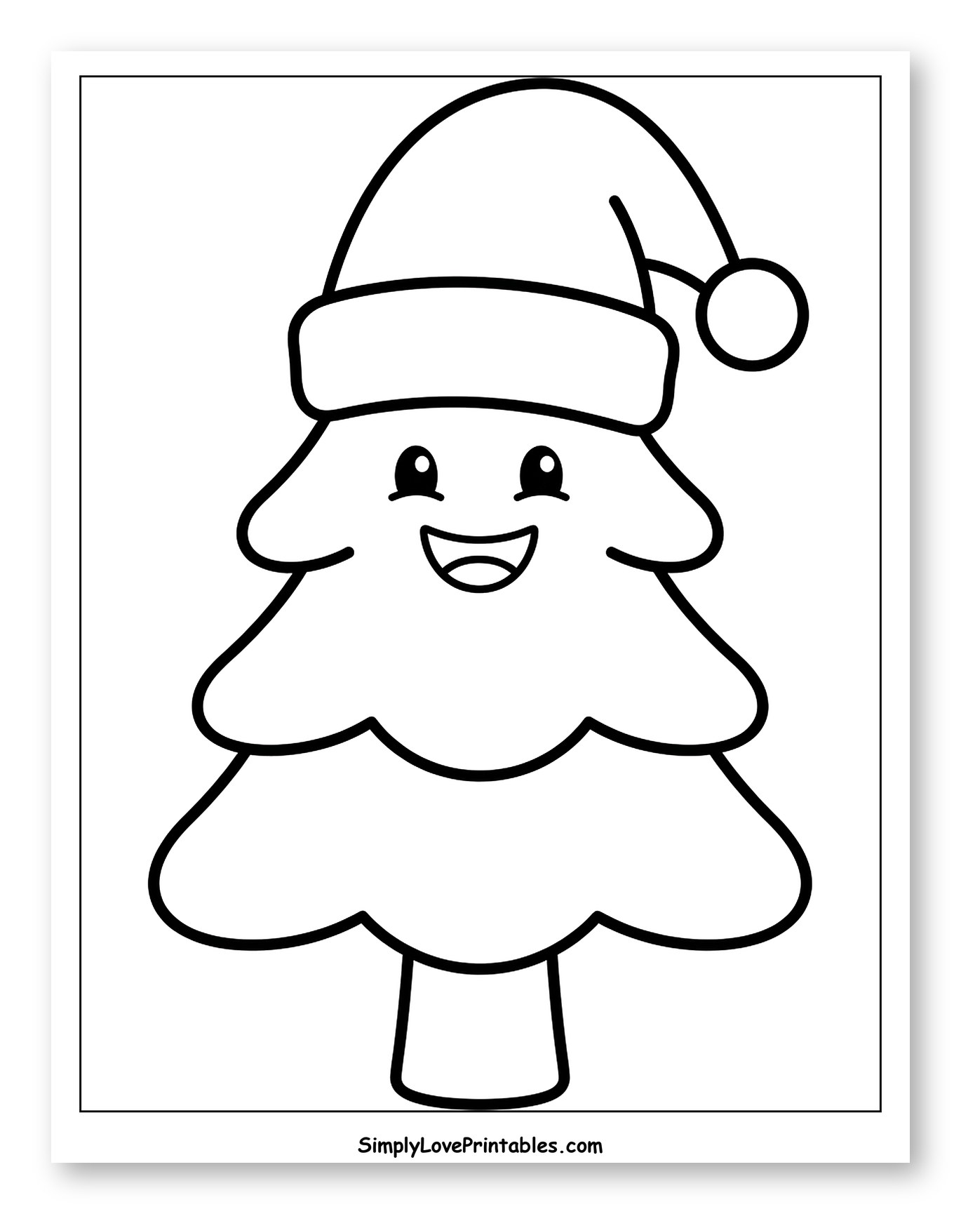 Smiling Christmas Tree Wearing a Santa Hat Coloring Sheet for Toddlers