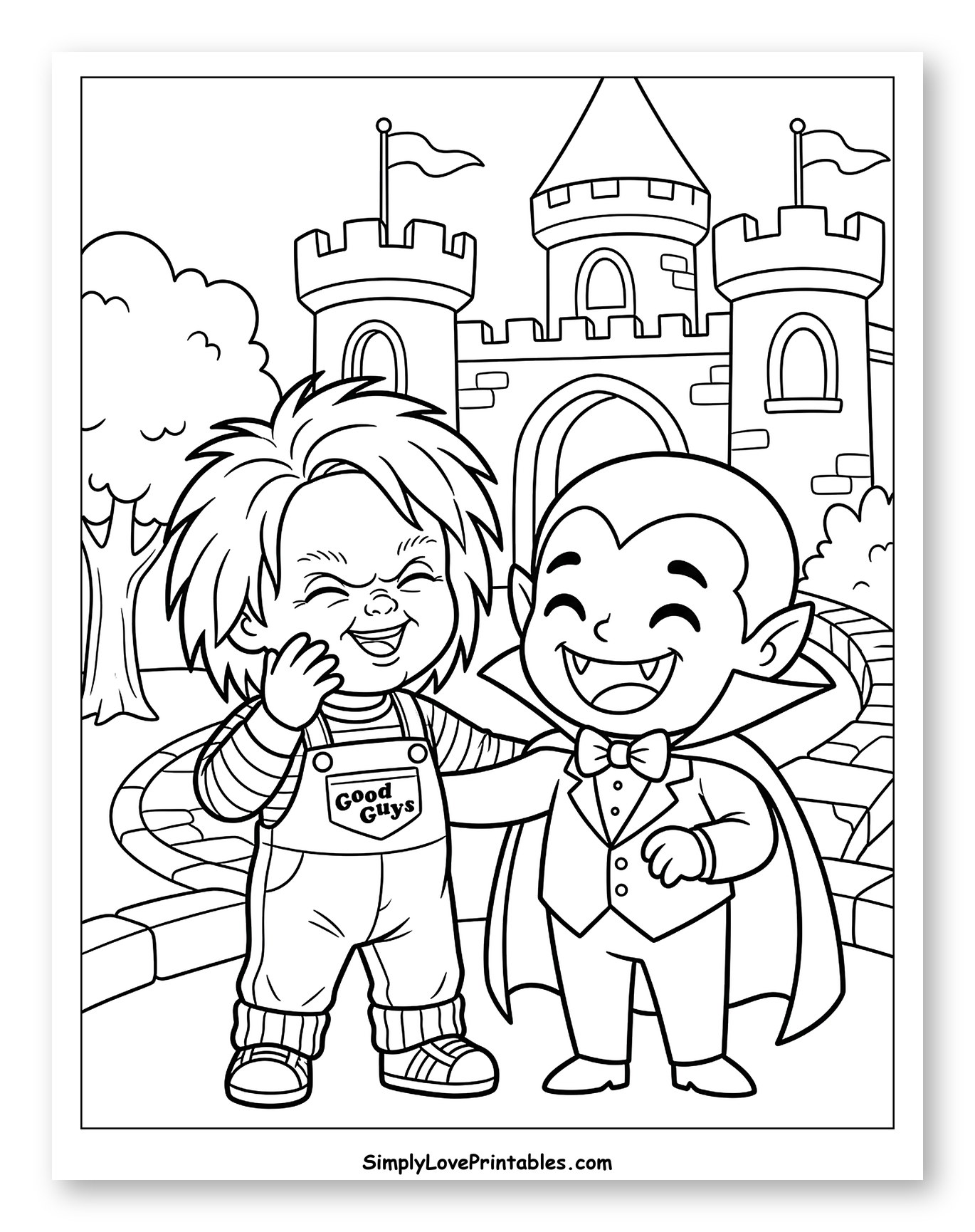 Smiling Chucky and Vampire at a Castle