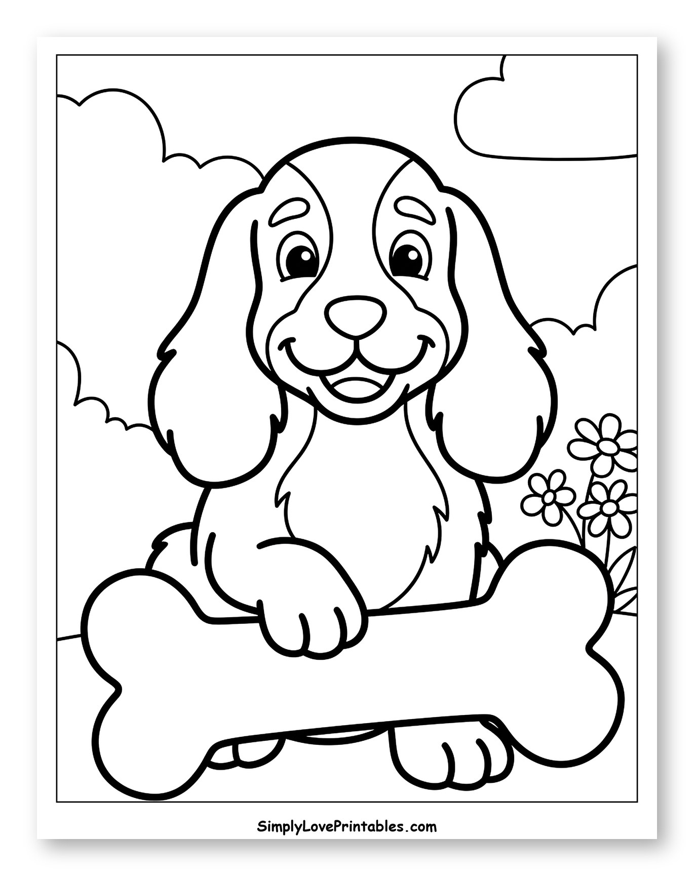 Smiling Cocker Spaniel Puppy and Bone Coloring Page for Toddlers
