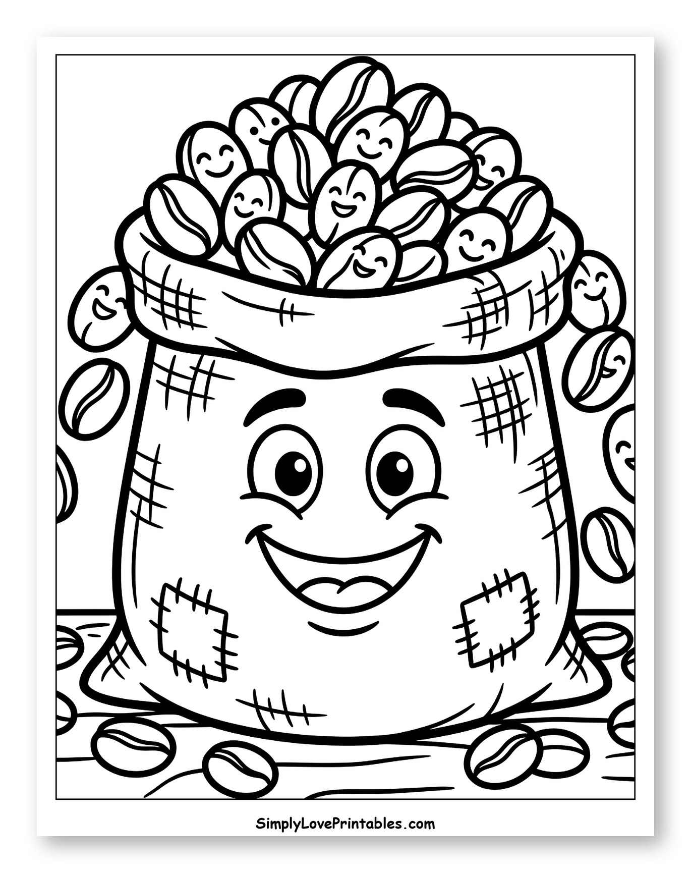 Smiling Coffee Bag Filled with Happy Beans Coloring Page for Toddlers