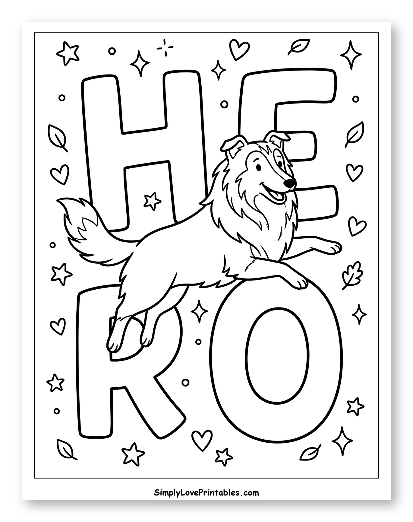 Smiling Collie Dog Lying on HERO Letters Coloring Sheet for Adults
