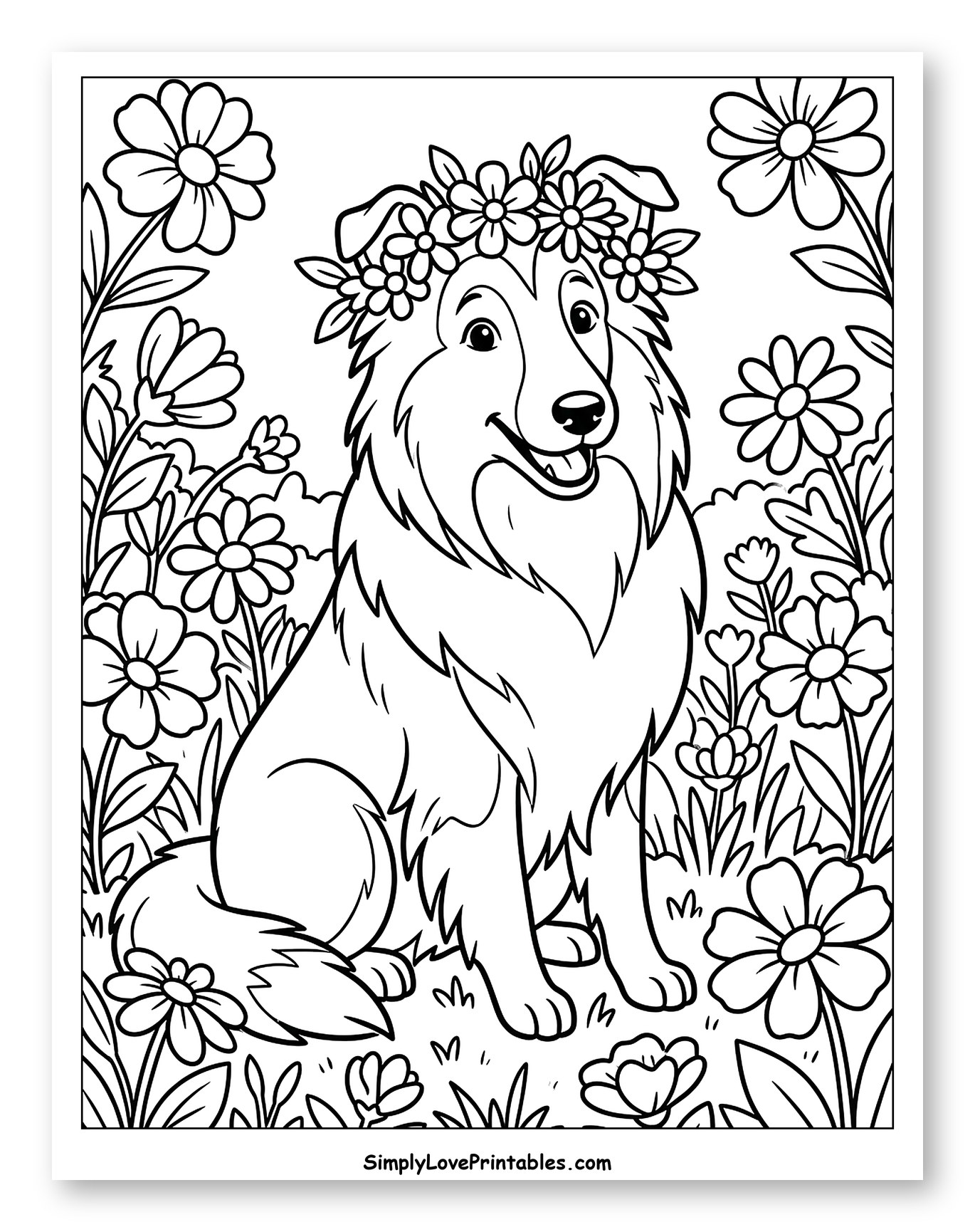 Smiling Collie Wearing a Flower Crown Coloring Page for Kids