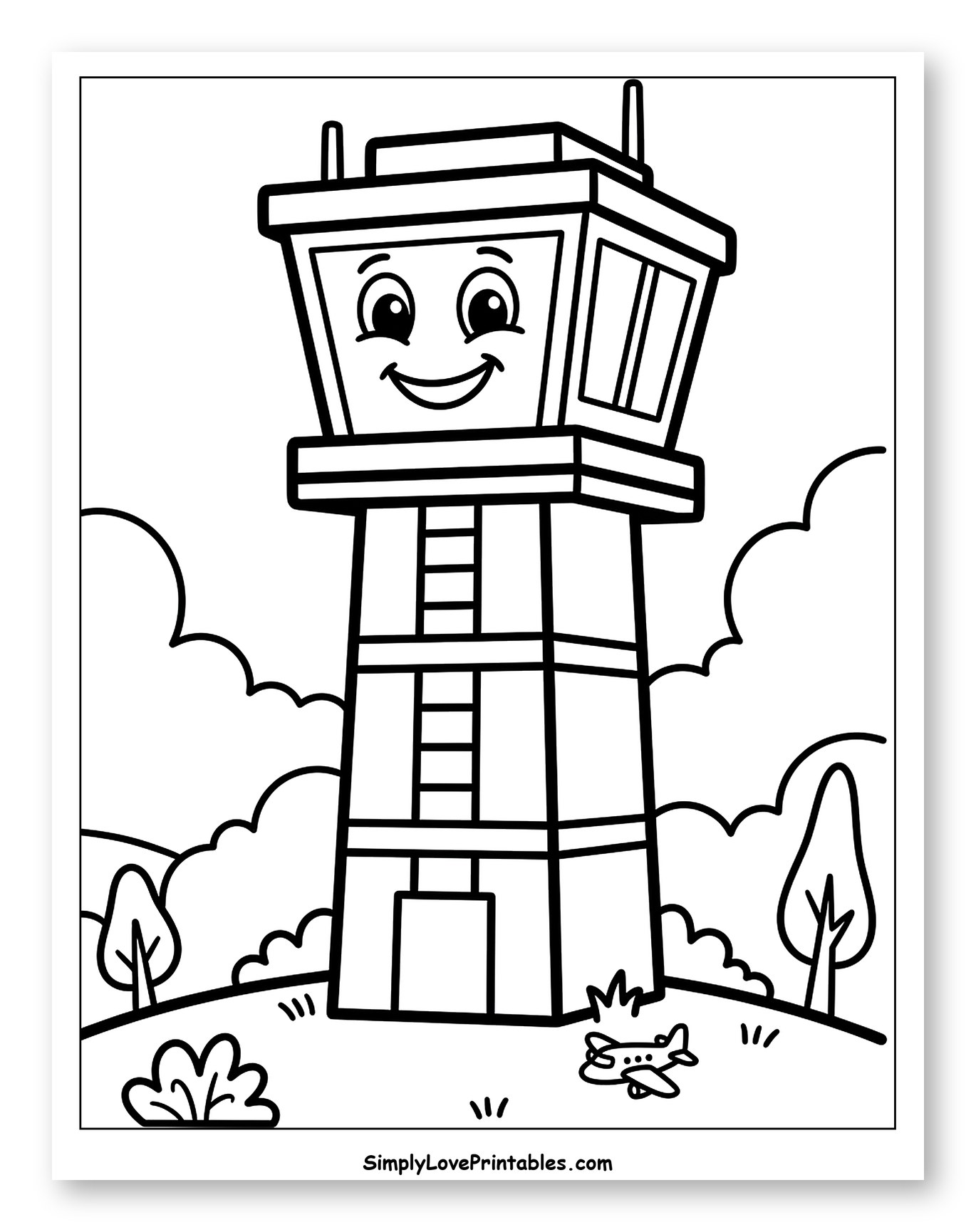 Smiling Control Tower with Small Airplane Coloring Page for Toddlers