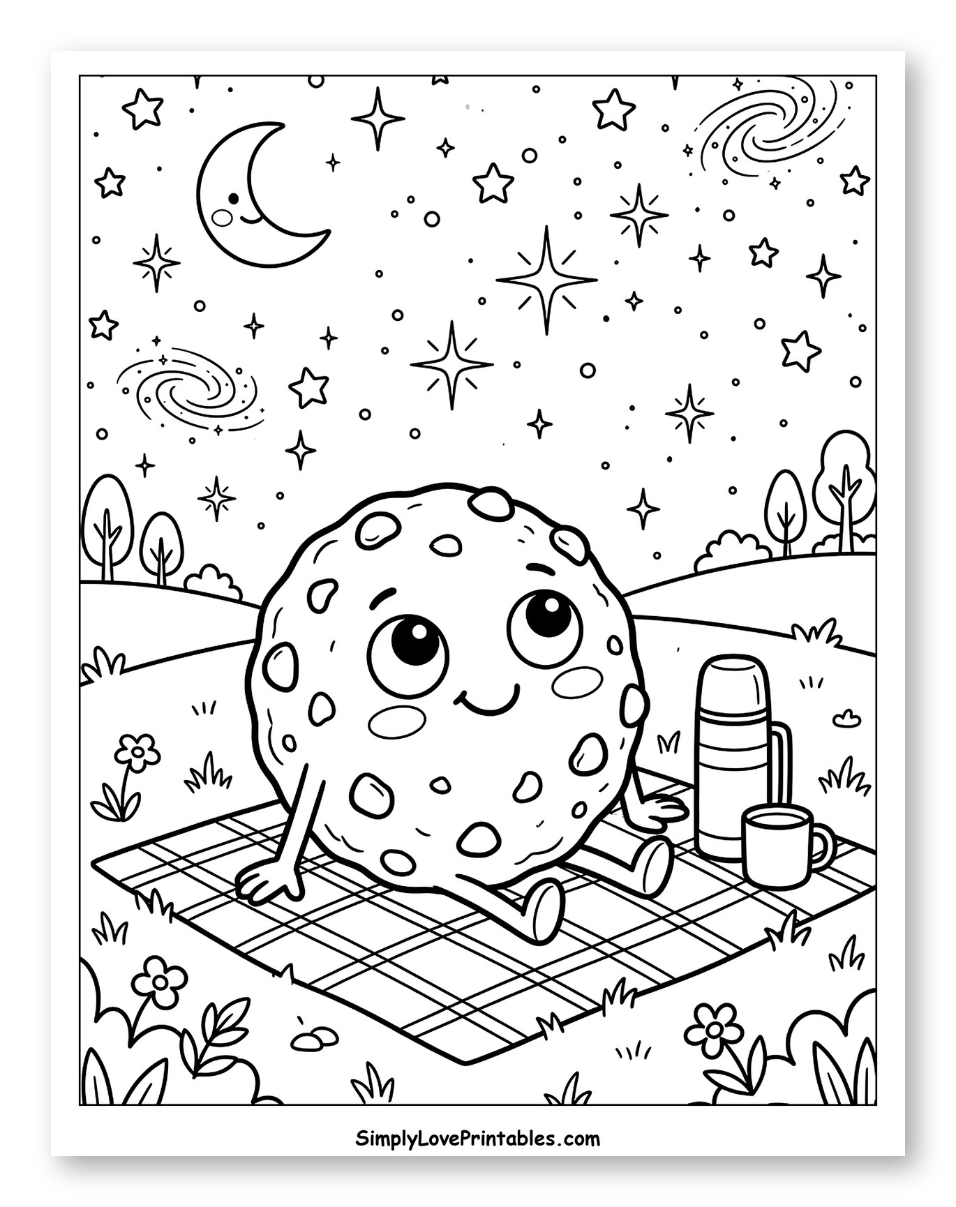 Smiling Cookie Enjoying a Starry Night Picnic Coloring Sheet for Kids