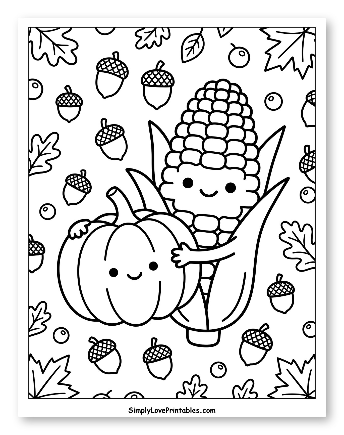 Smiling Corn Cob Hugging Pumpkin with Autumn Surroundings