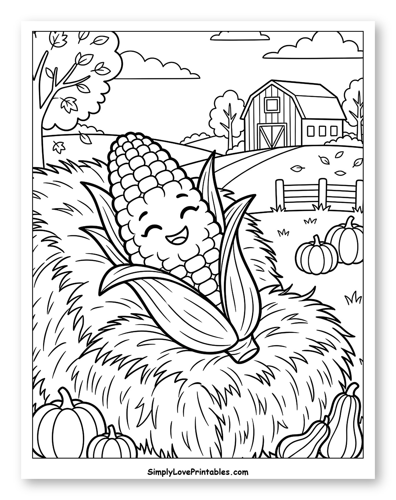 Smiling Corn in Autumn Farm Scene Coloring Page for Kids