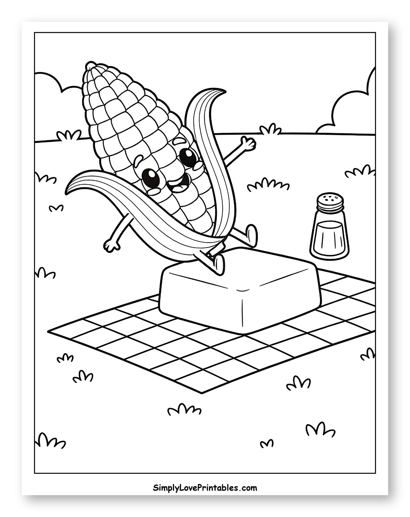 Smiling Corn on Butter at a Picnic Coloring Sheet for Kids