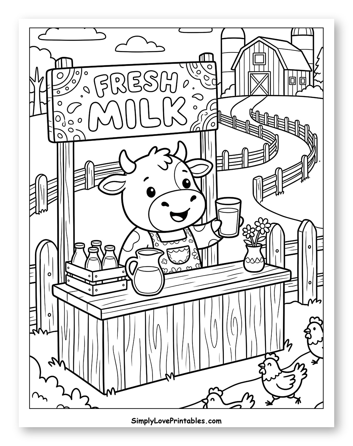 Smiling Cow at a Fresh Milk Stand Coloring Page for Kids