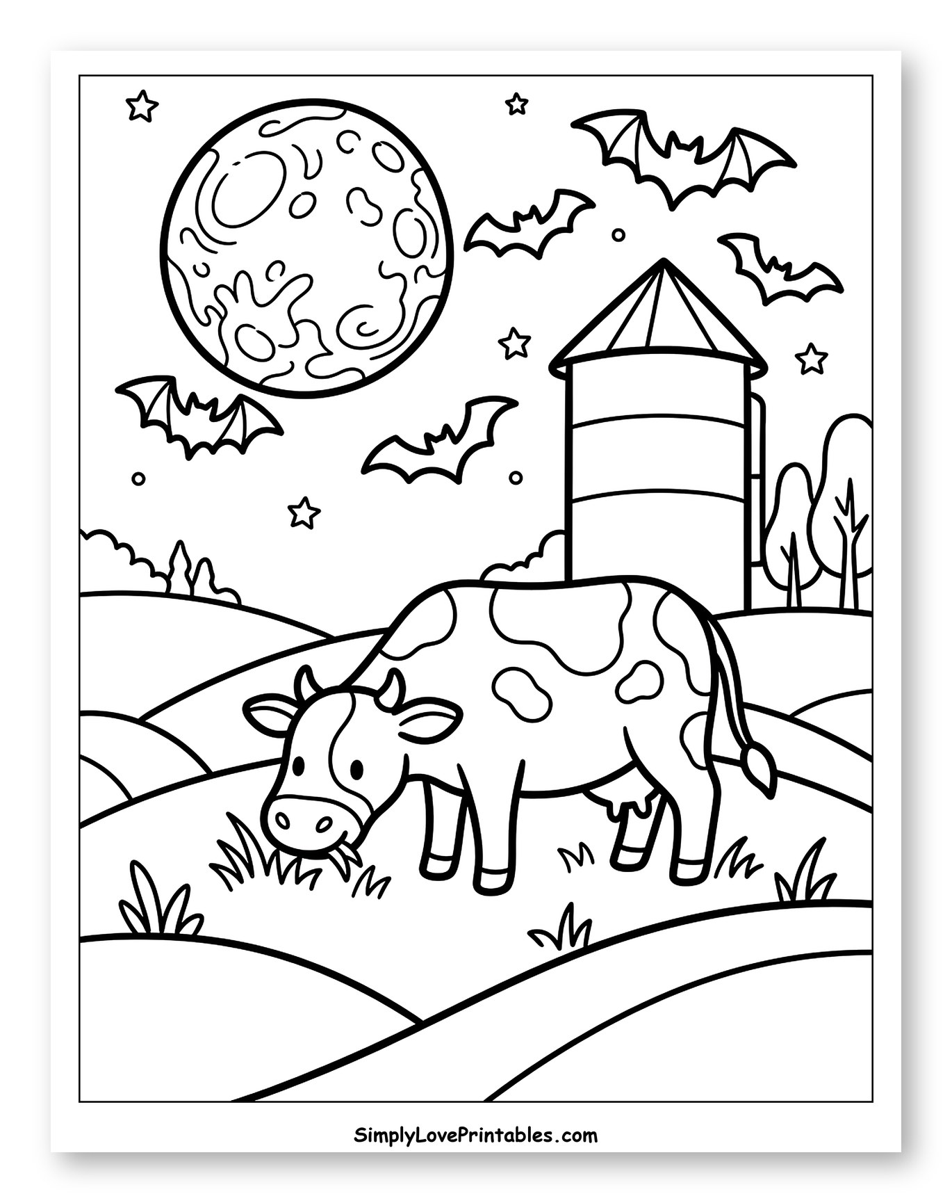Smiling Cow Grazing Under a Bat Moon to Color for Adults