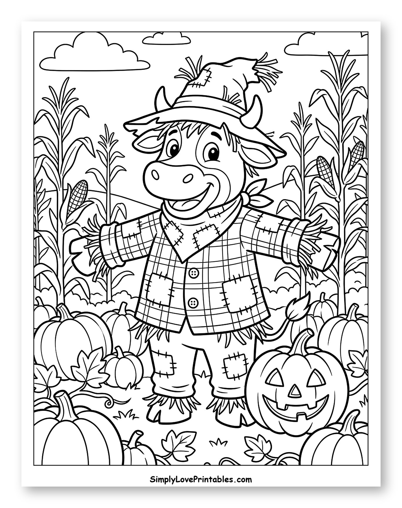 Smiling Cow Scarecrow in a Pumpkin Patch Coloring Sheet for Kids