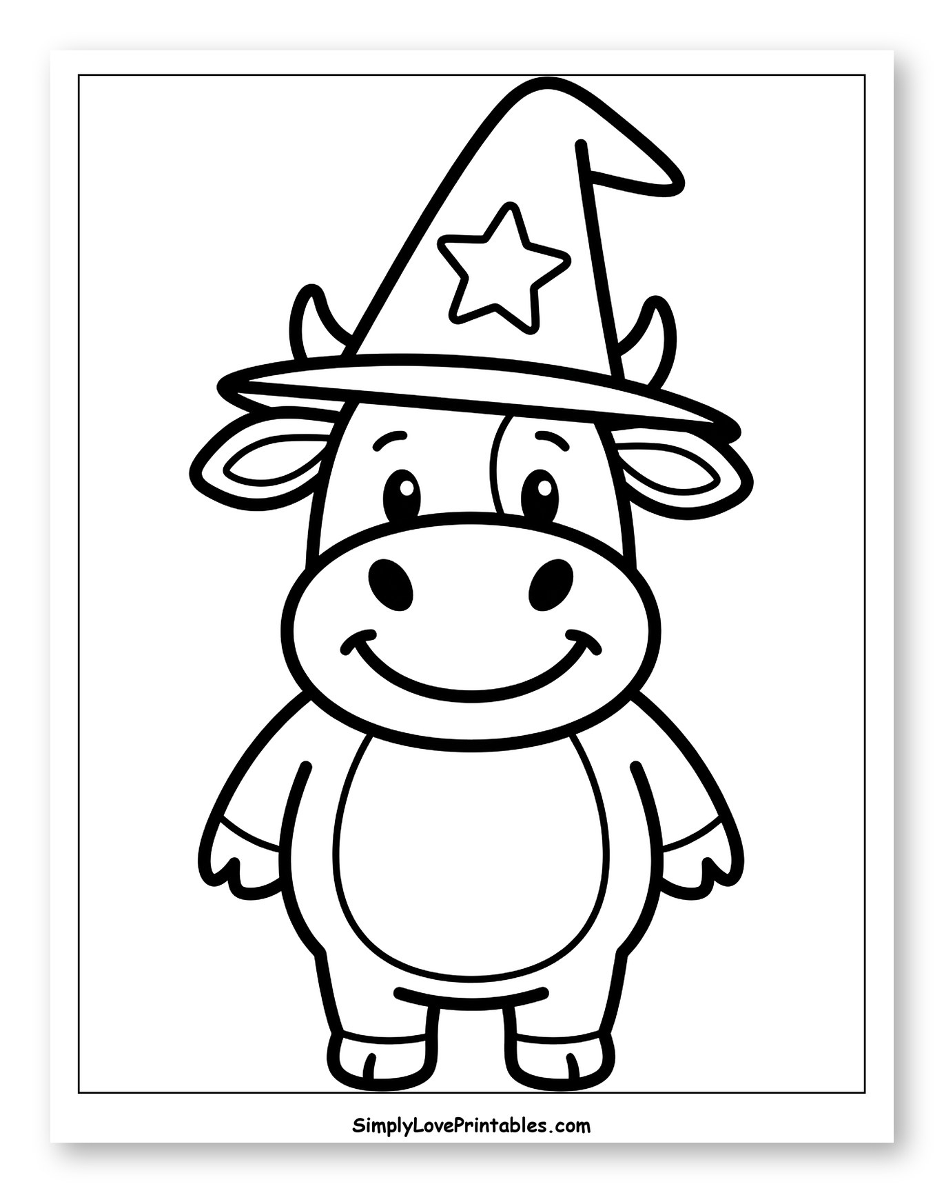 Smiling Cow Wearing a Witch Hat Coloring Sheet for Toddlers