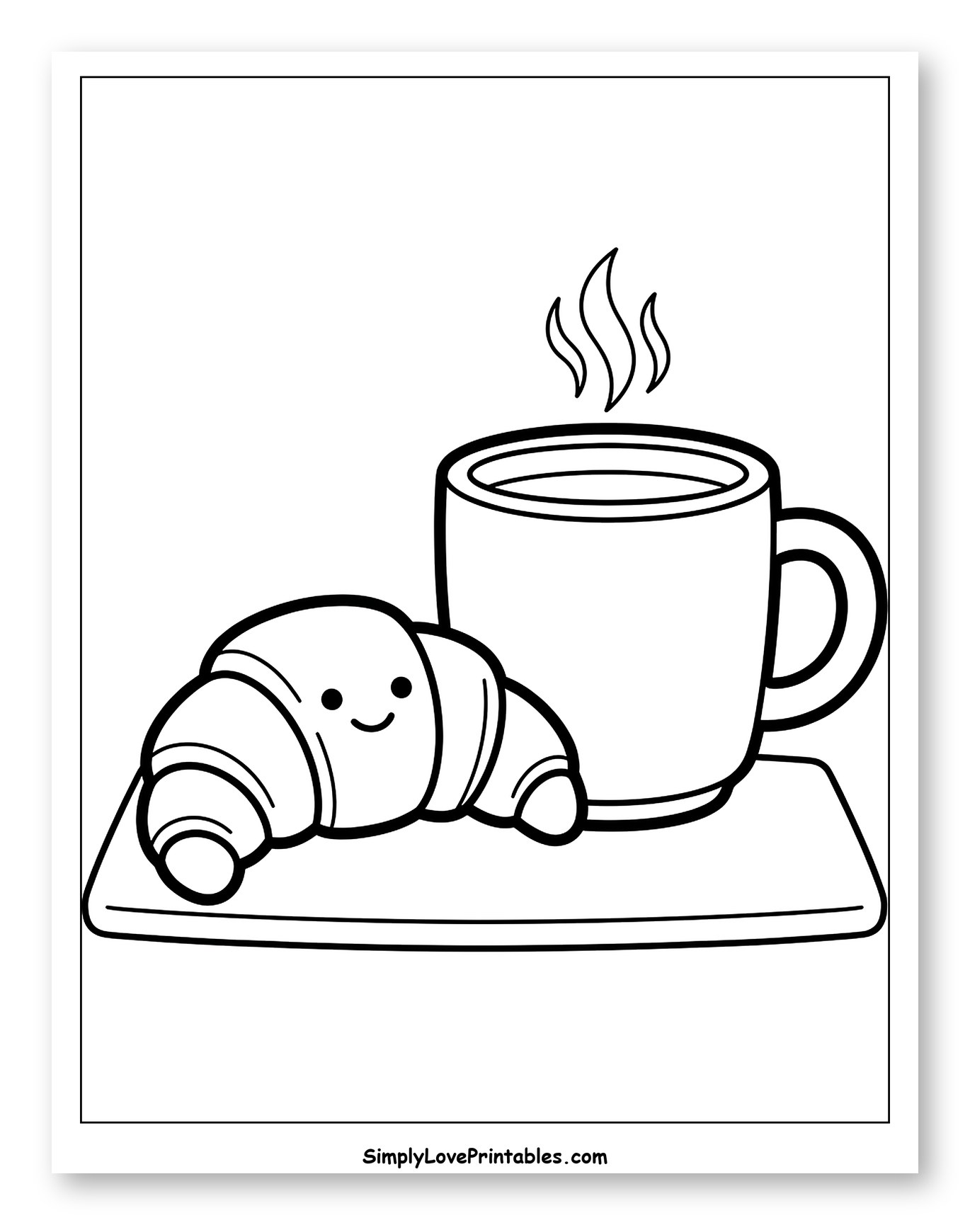 Smiling Croissant and Steaming Mug on Tray Coloring Sheet for Toddlers