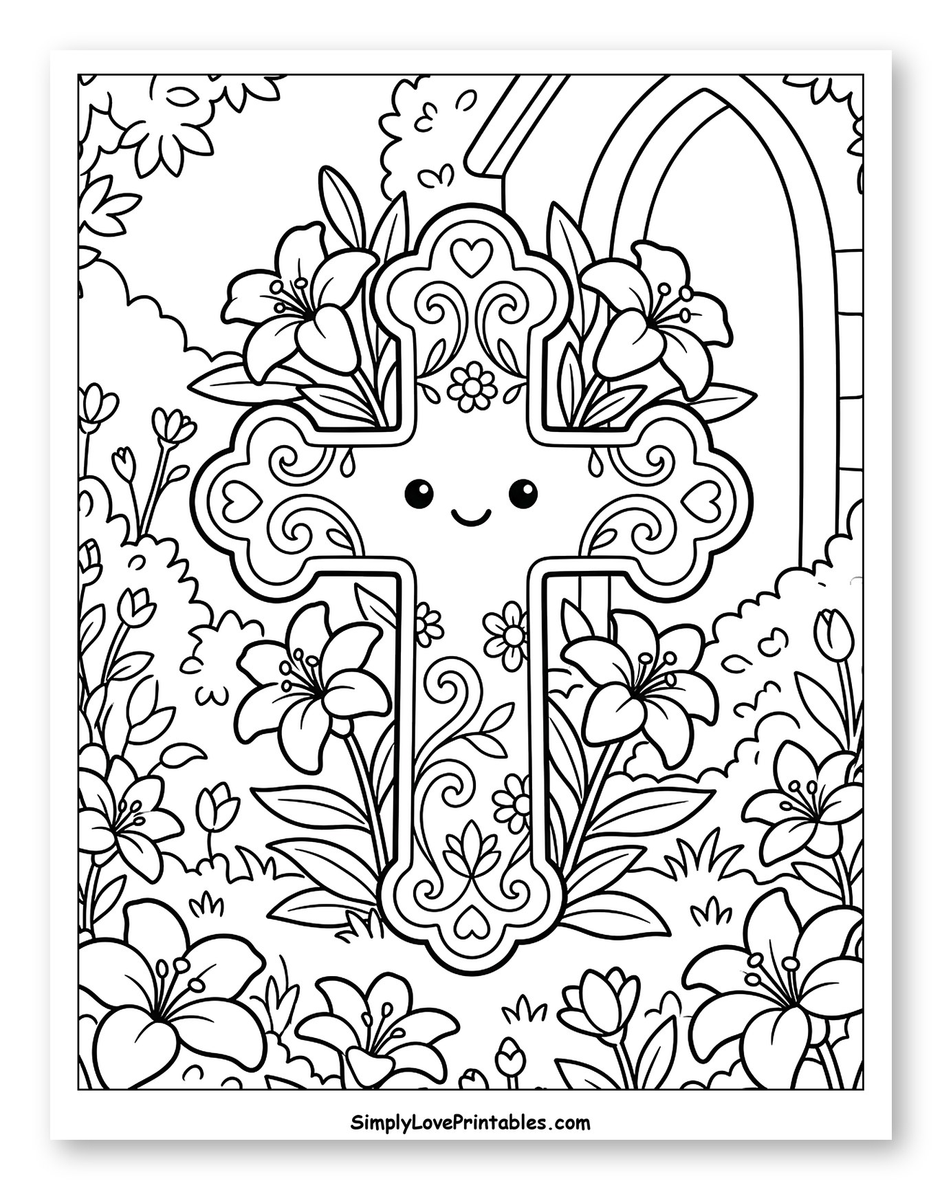 Smiling Cross in a Lily Garden to Color for Kids