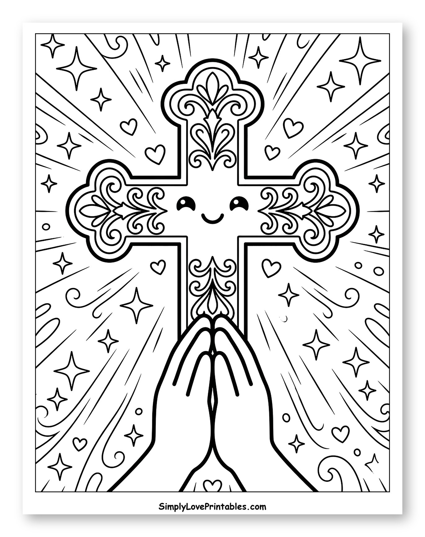 Smiling Cross with Praying Hands Coloring Sheet for Kids