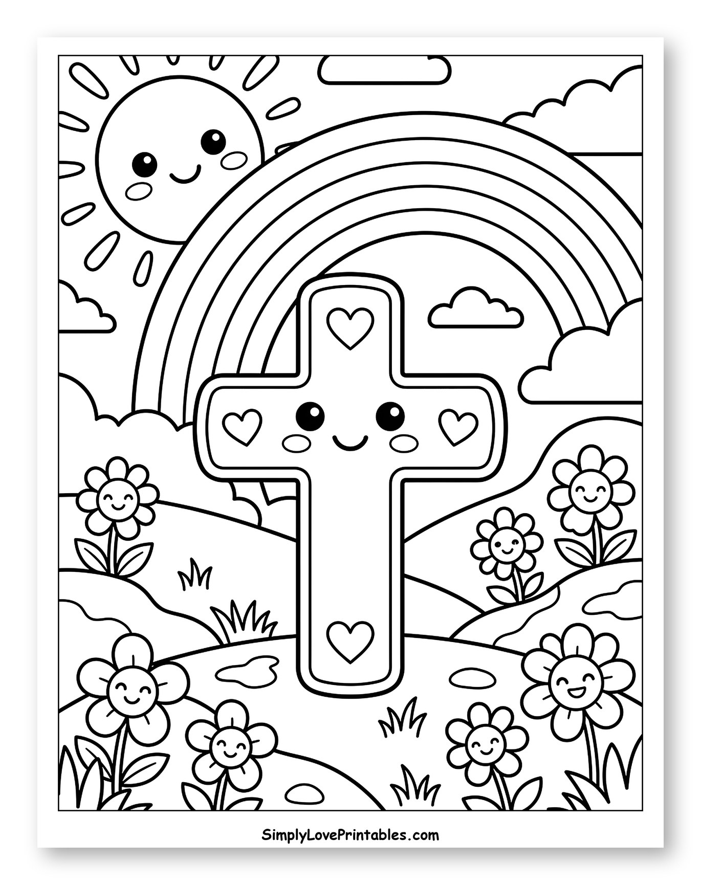 Smiling Cross with Rainbow and Happy Flowers to Color for Kids
