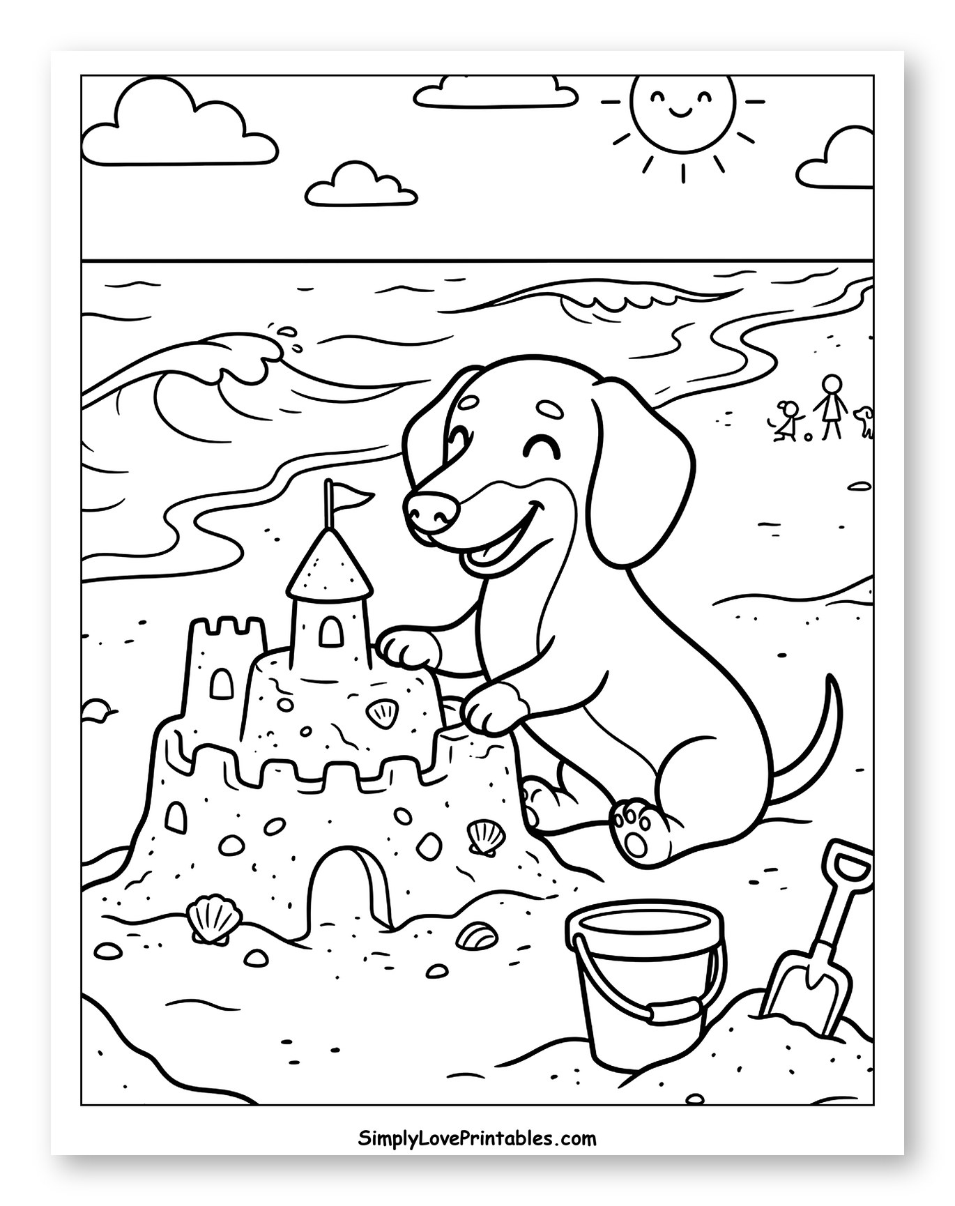 Smiling Dachshund Building Sandcastle by Ocean