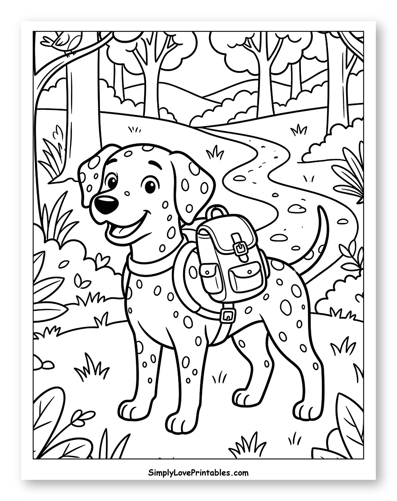Smiling Dalmatian Dog with Backpack in Forest Coloring Sheet for Kids