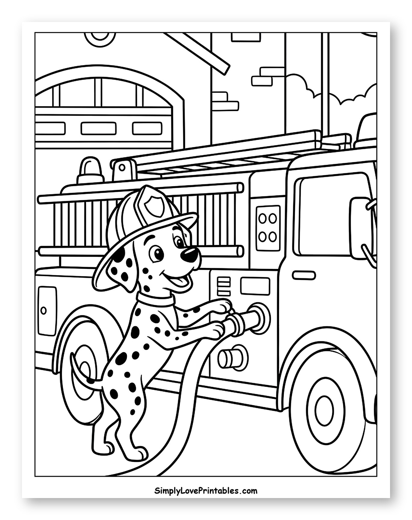 Smiling Dalmatian Firefighter with Fire Truck and Station