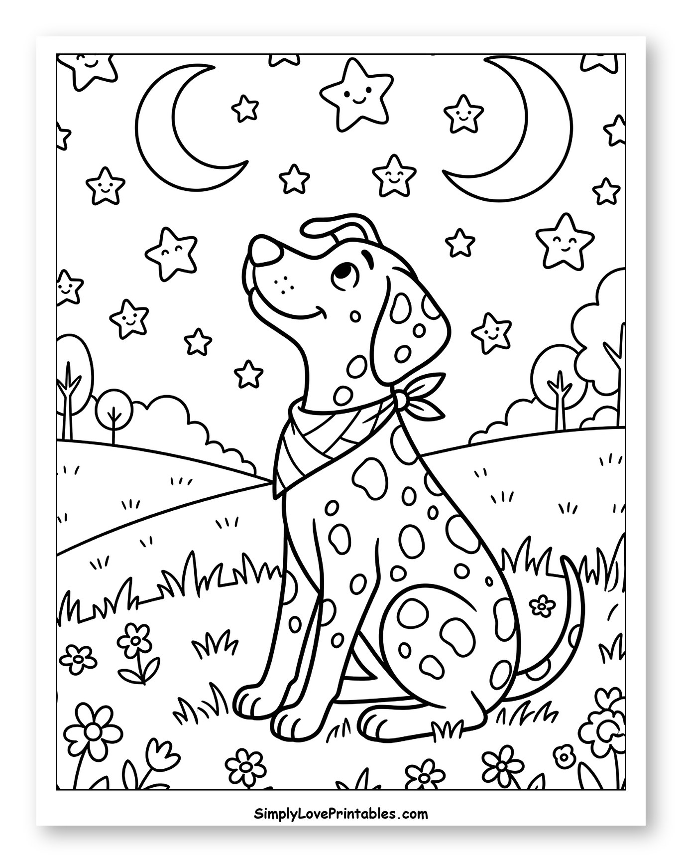 Smiling Dalmatian Gazing at Moon and Stars Coloring Sheet for Kids