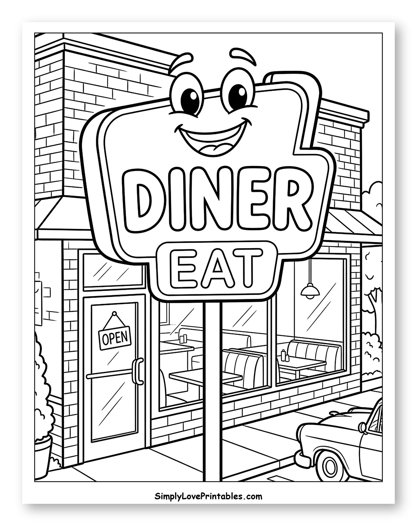 Smiling Diner Sign on a Street Coloring Page for Toddlers