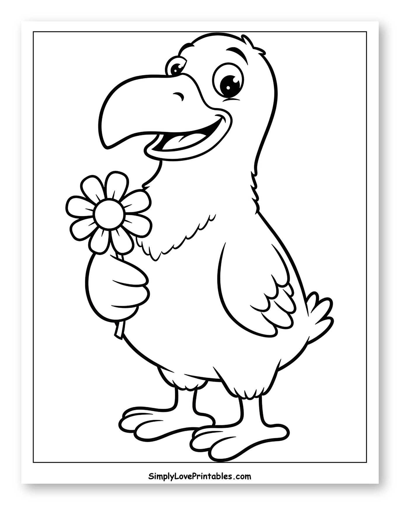 Smiling Dodo Bird Holding a Flower Coloring Sheet for Toddlers