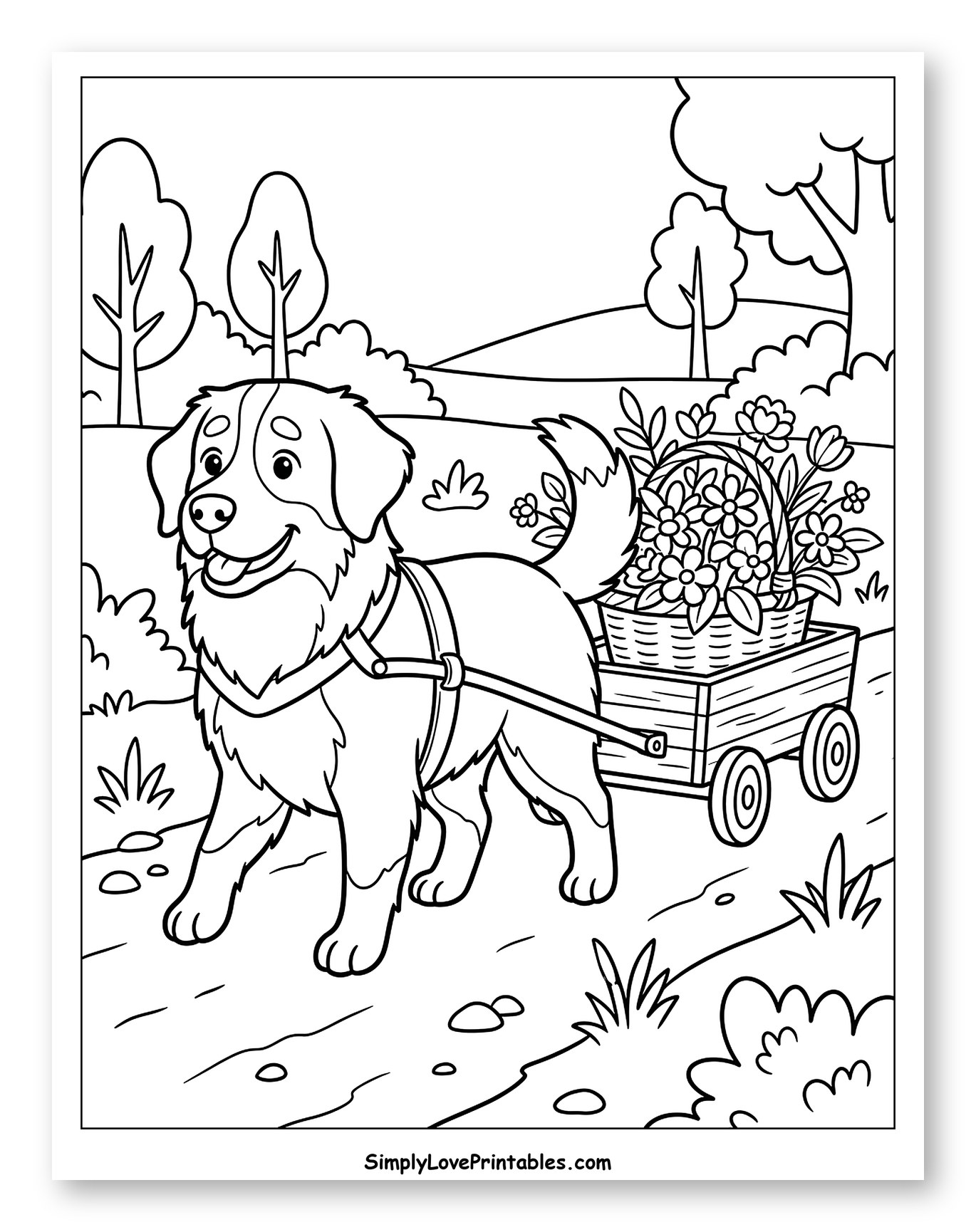 Smiling Dog Pulling Cart Full of Flowers Coloring Sheet for Kids