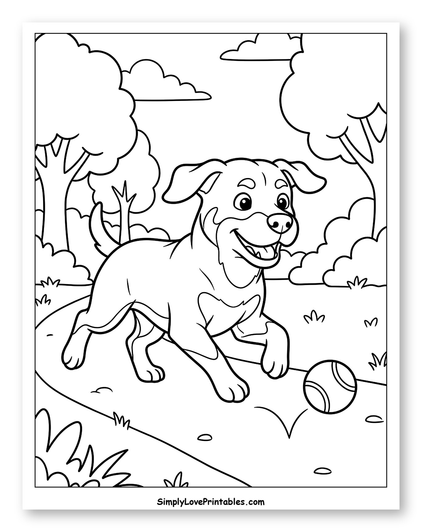 Smiling Dog Running on Path with Ball Coloring Page for Kids