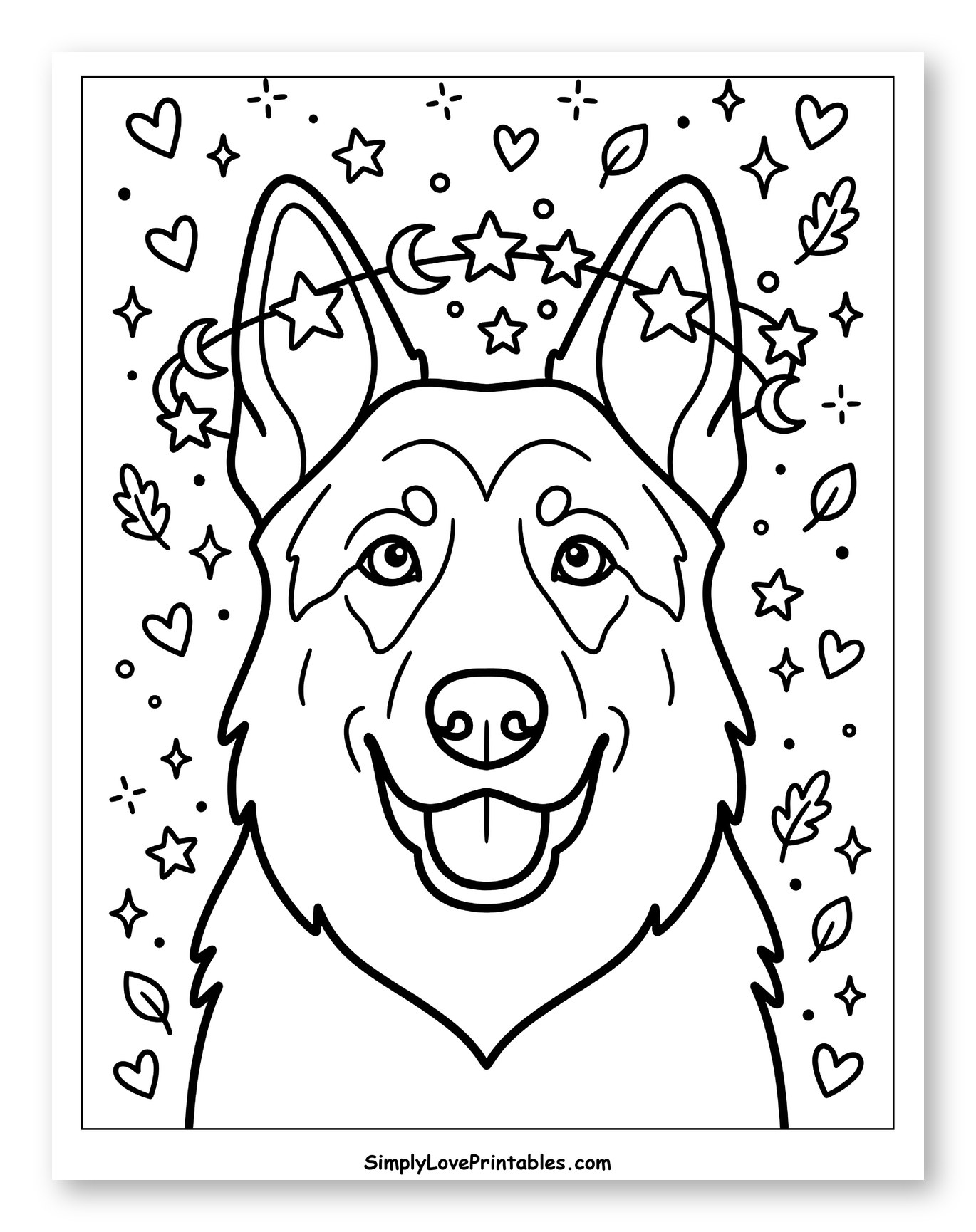 Smiling Dog Surrounded by Celestial and Nature Elements