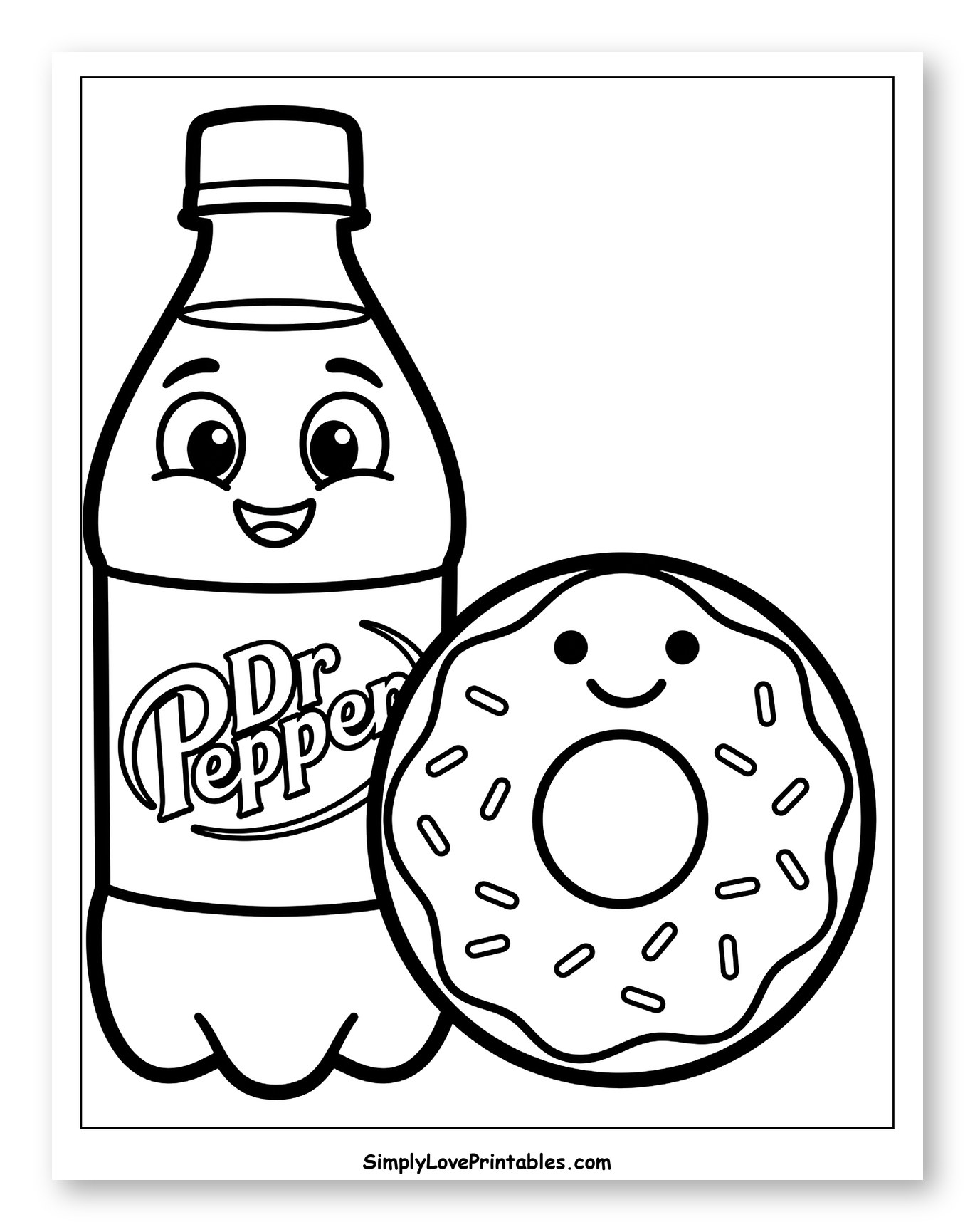 Smiling Dr Pepper Bottle and Sprinkled Donut Coloring Page for Toddlers