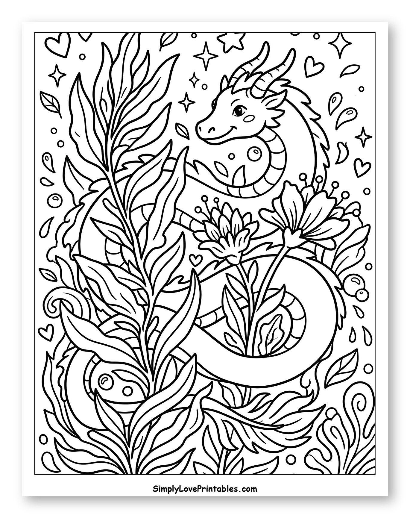 Smiling Dragon Hiding in Blooming Sea Flora Coloring Page for Adults