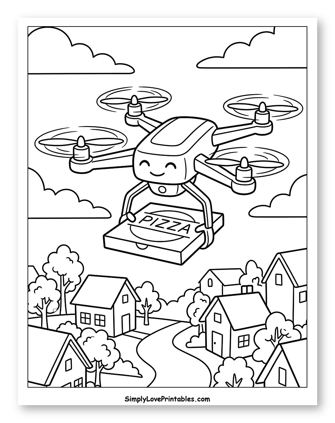 Smiling Drone Delivers Pizza Over Neighborhood Coloring Page for Kids