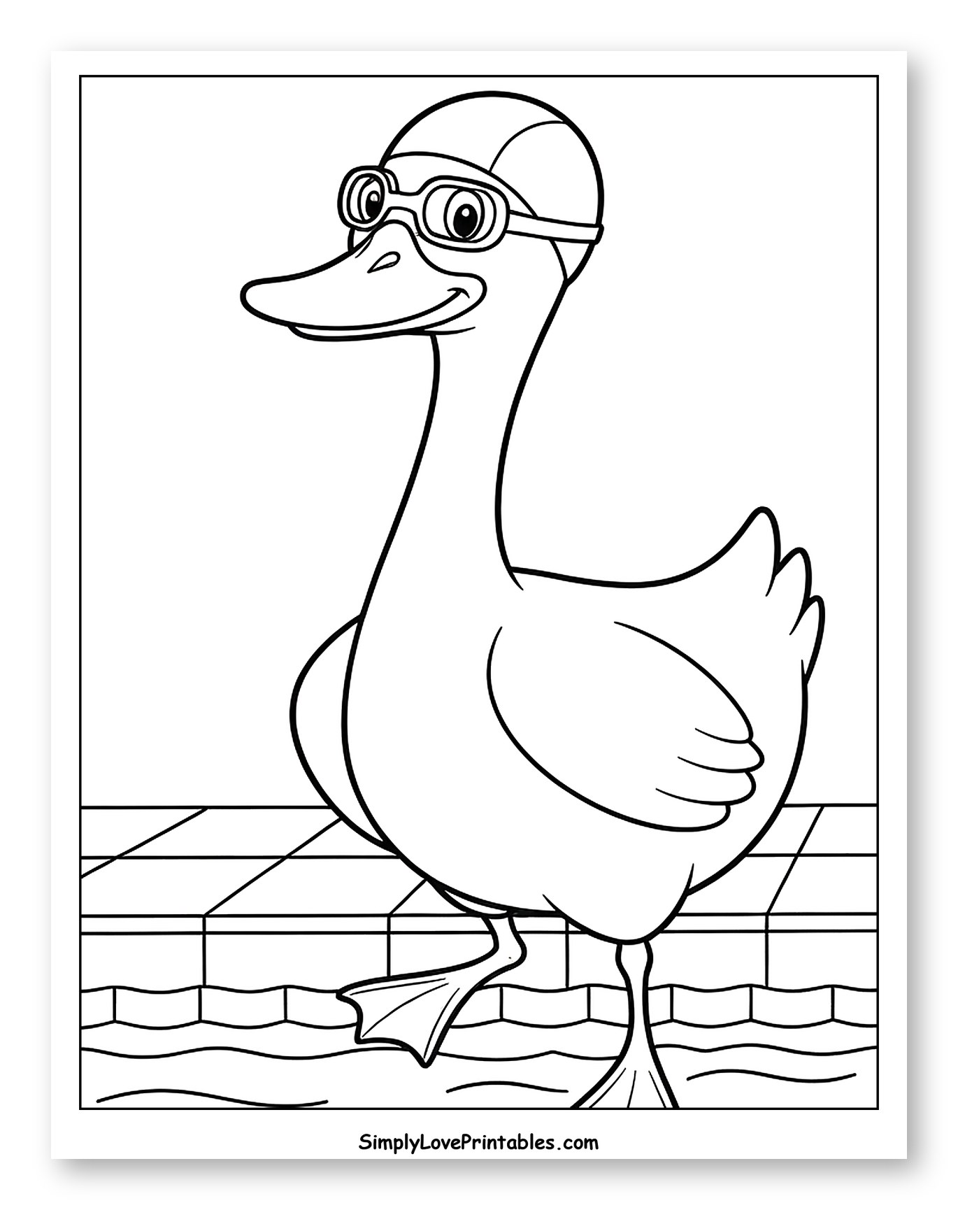 Smiling Duck Wearing Swim Goggles and Cap