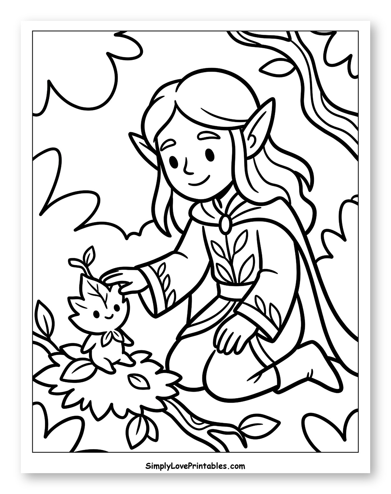 Smiling Elf and Little Leaf Creature Coloring Sheet for Toddlers