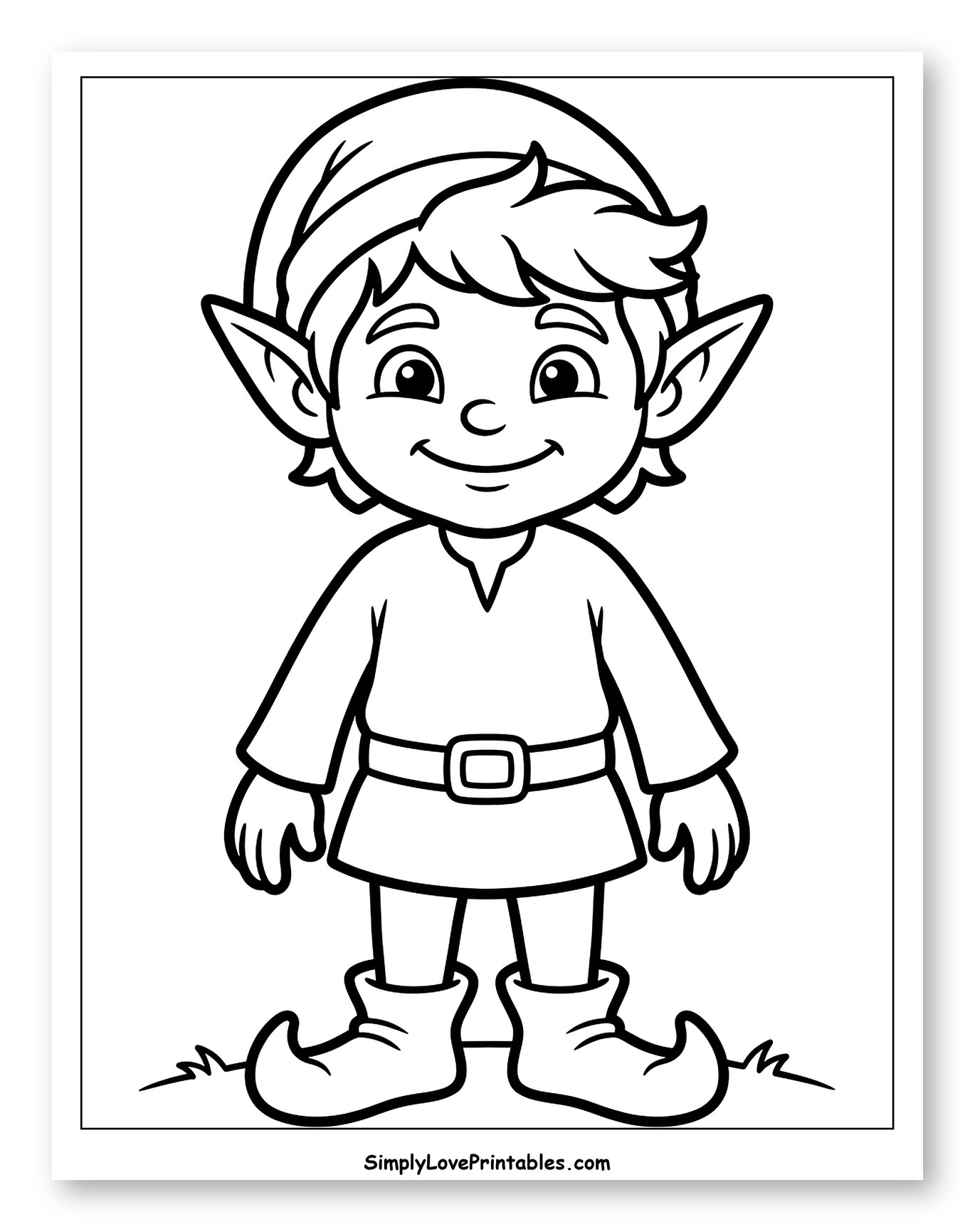 Smiling Elf Character Standing on Grass Coloring Sheet for Toddlers