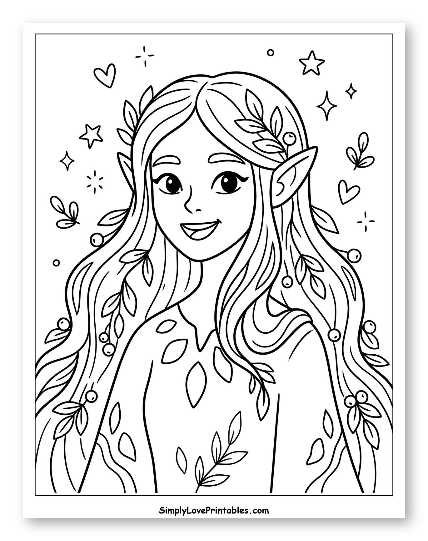Smiling Elf Girl with Botanical Hair Coloring Sheet for Adults