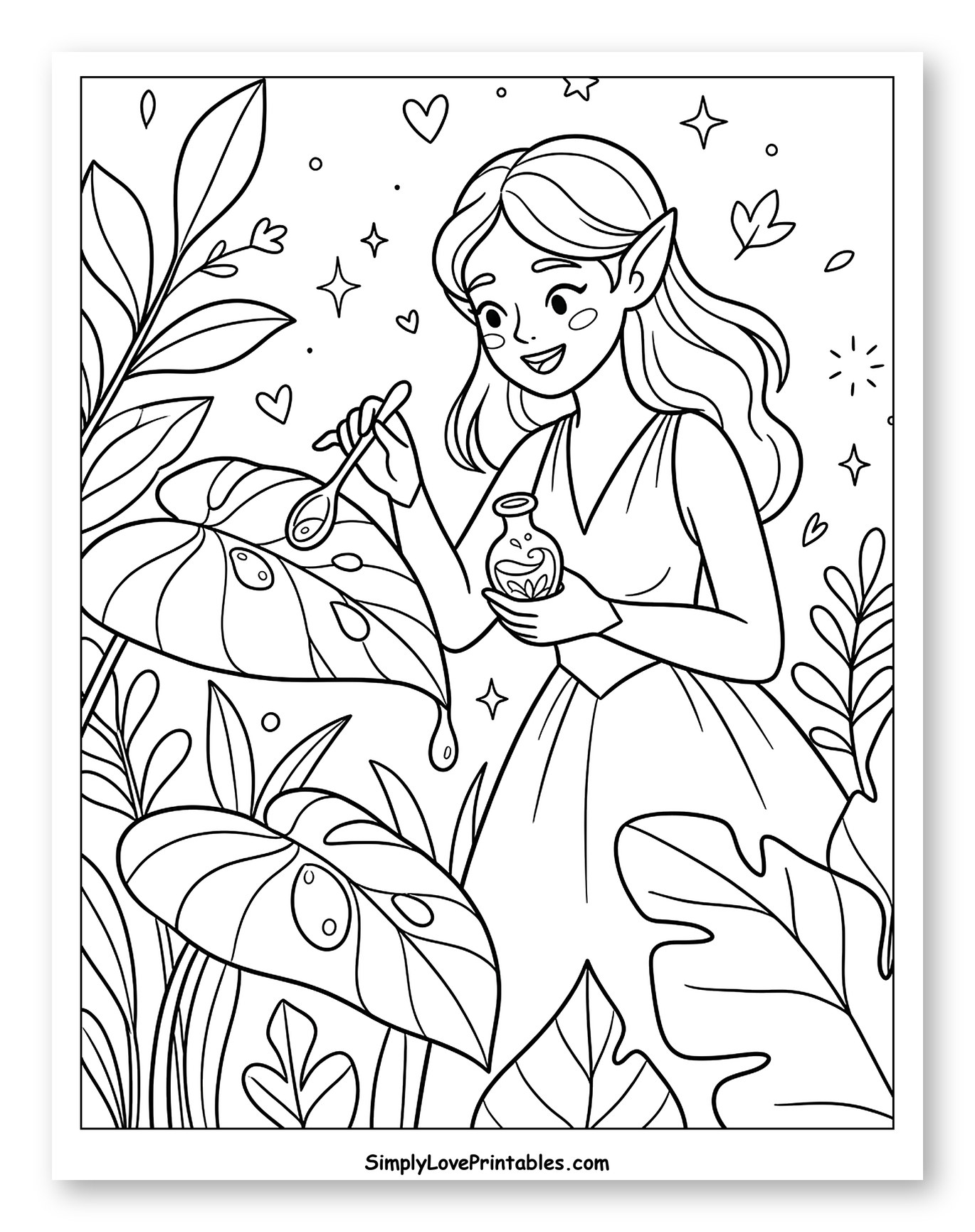 Smiling Elf Watering Magical Garden Plants to Color for Adults