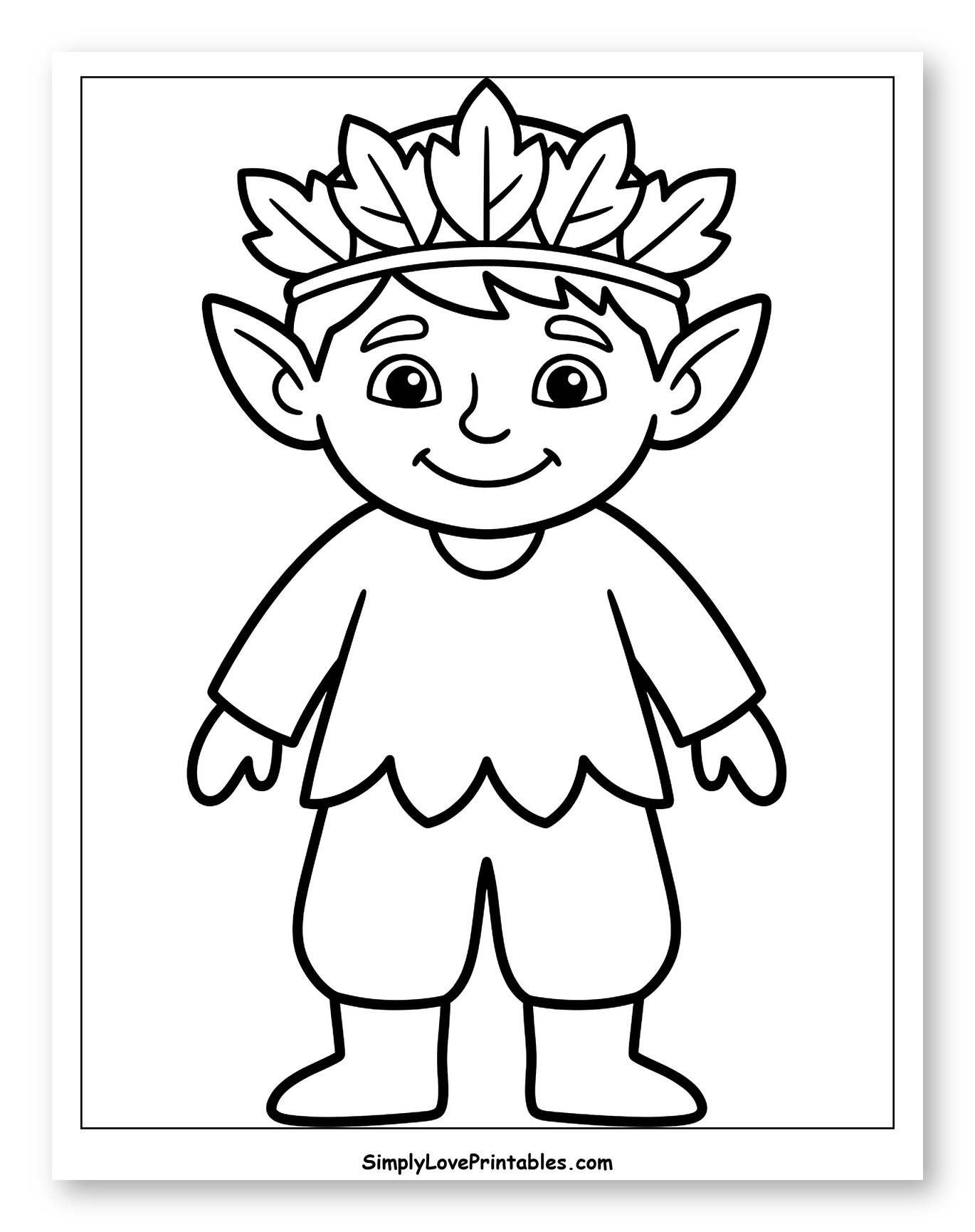 Smiling Elf Wearing a Leaf Headband Coloring Page for Toddlers
