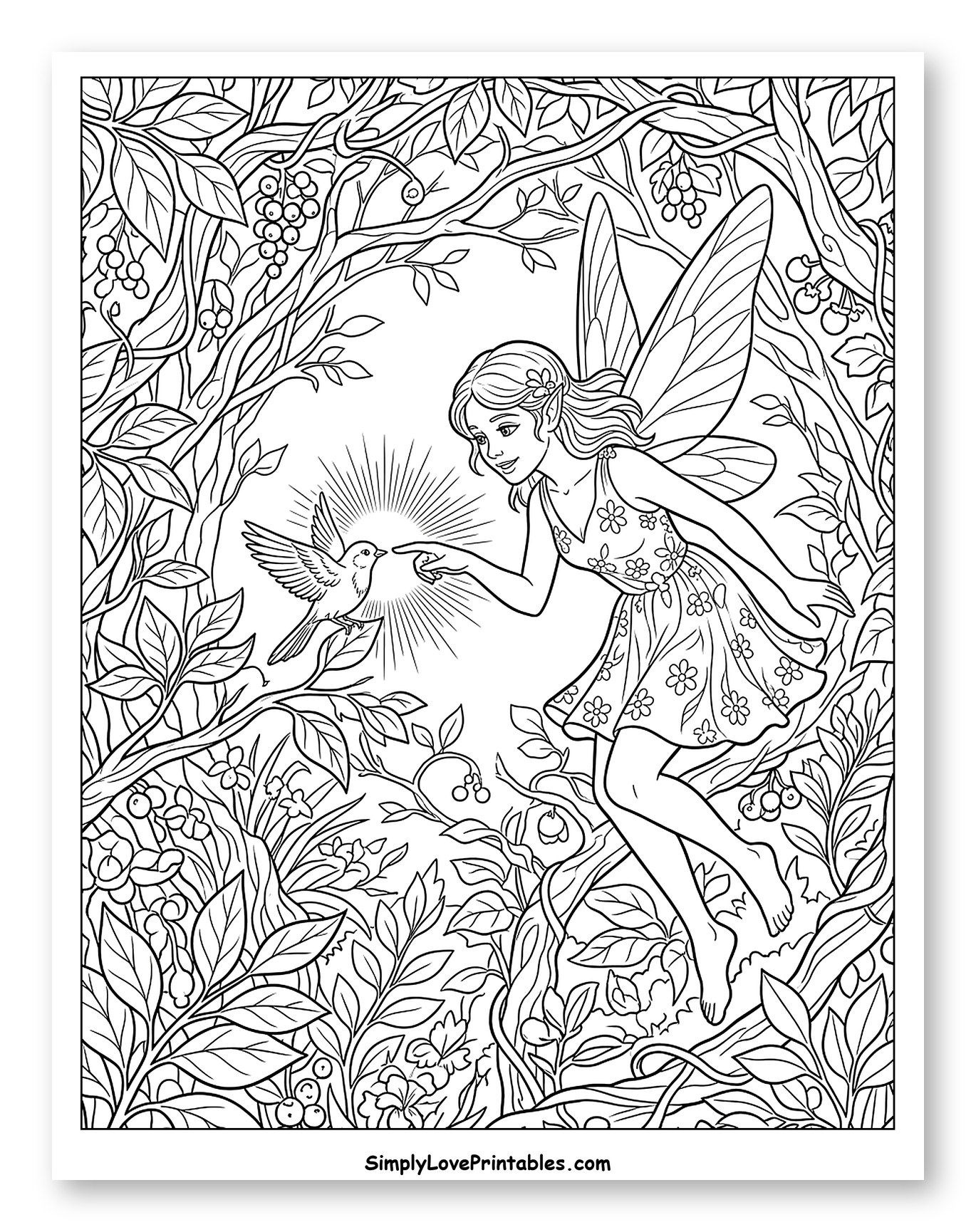 Smiling Fairy and Bird in Enchanted Forest