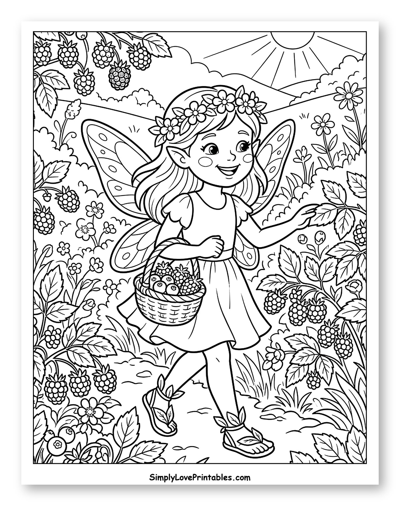 Smiling Fairy Gathering Berries in a Sunny Field Coloring Sheet for Kids