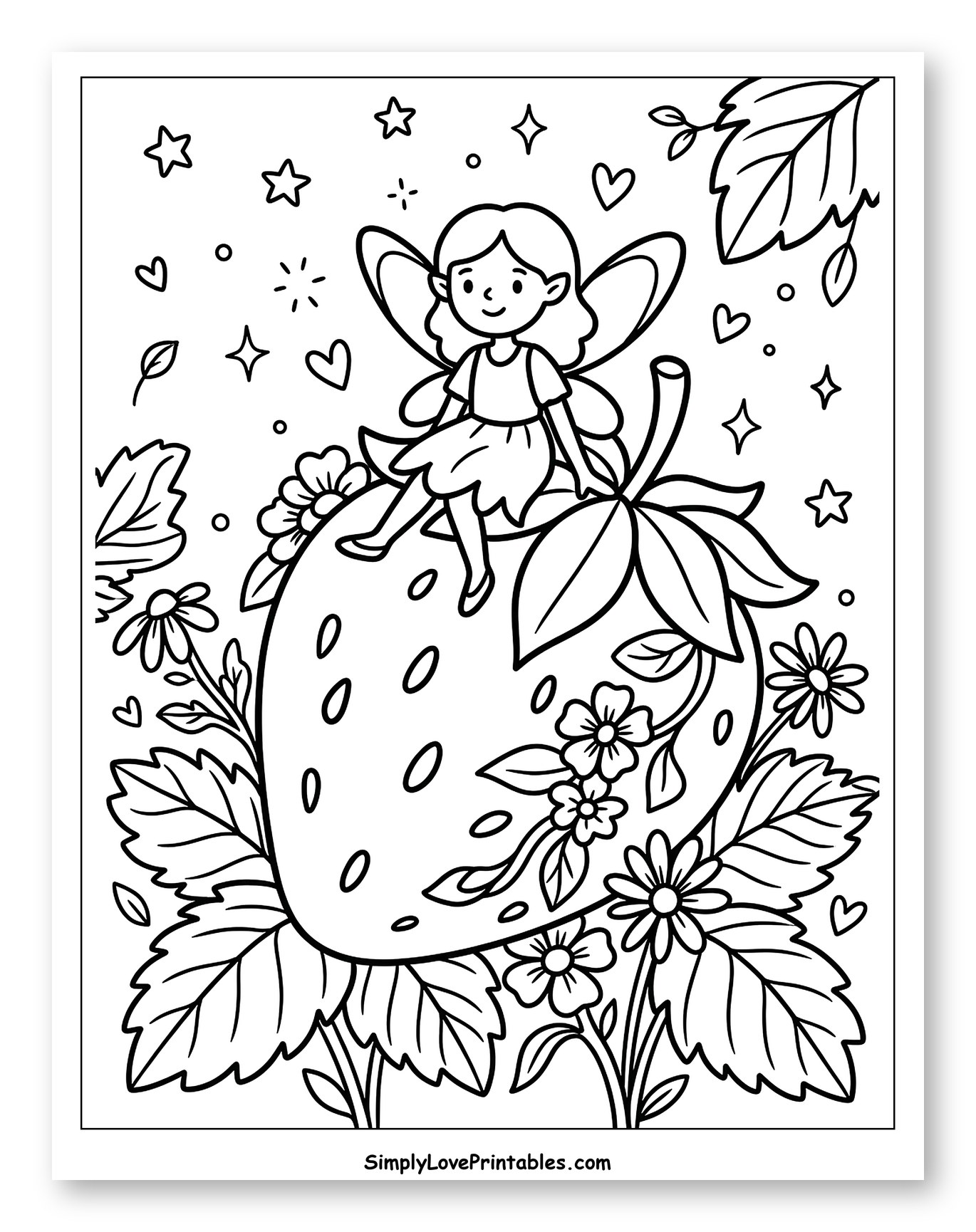 Smiling Fairy on a Big Strawberry Coloring Sheet for Adults