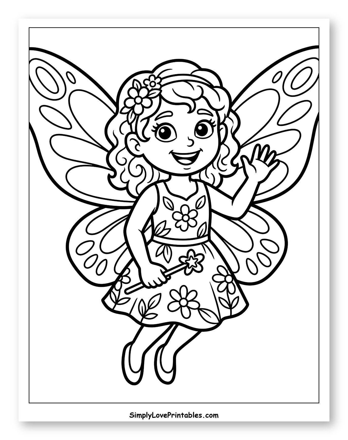 Smiling Fairy Waving with Butterfly Wings Coloring Page for Toddlers