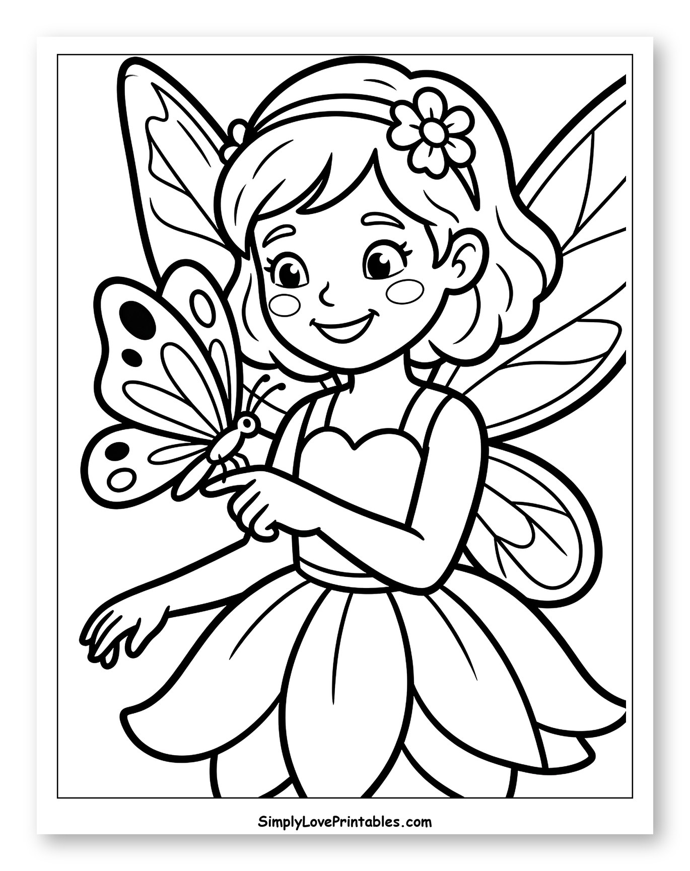 Smiling Fairy with Butterfly on Finger Coloring Page for Toddlers